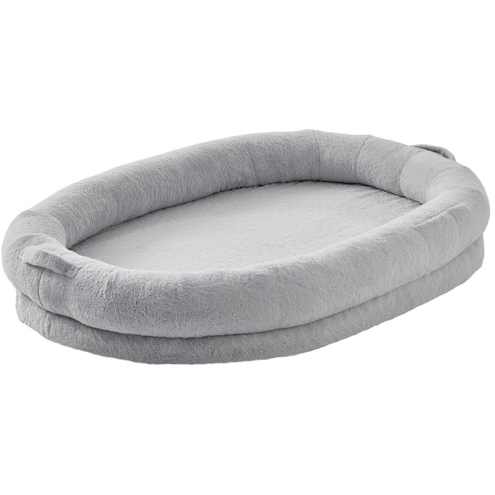 VEVOR Human Dog Bed, 72" x48"x10" Human Dog Bed for Adult, Human Size Dog Bed with Washable Faux Rabbit Fur Cover, Egg Orthopedic Foam, Storage Pocket, Large Dog Bean Bed, Light Grey