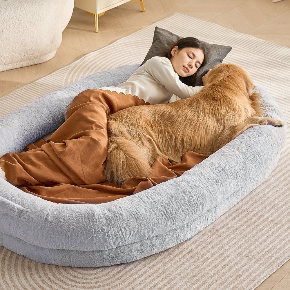 VEVOR Human Dog Bed, 1825 x 1220 x 254 mm Human Dog Bed for Adult, Human Size Dog Bed with Washable Faux Rabbit Fur Cover, Egg Orthopedic Foam, Storage Pocket, Large Dog Bean Bed, Light Grey
