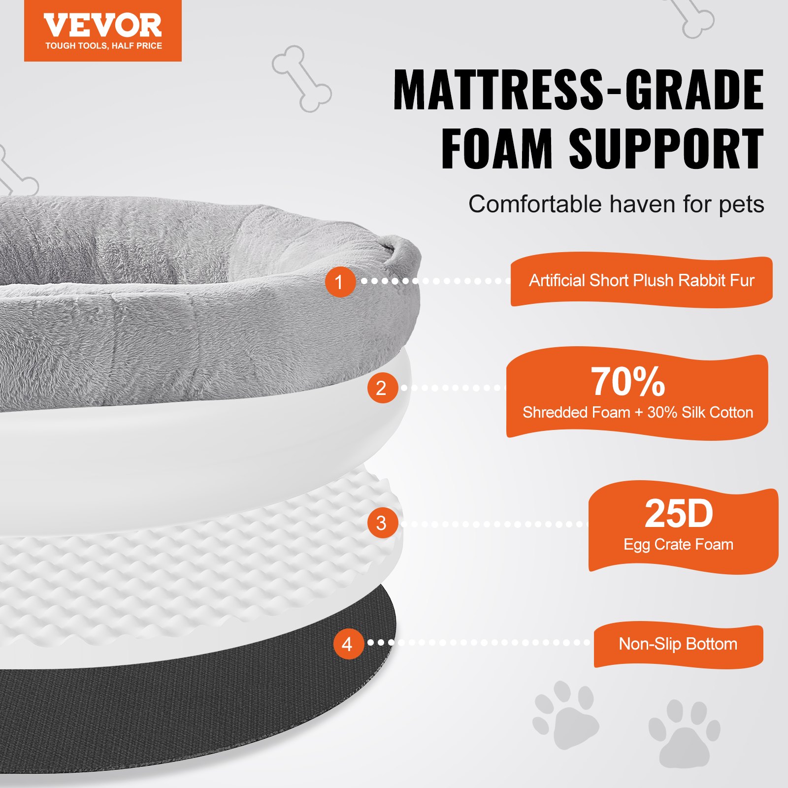 VEVOR Human Dog Bed, 72" x48"x10" Human Dog Bed for Adult, Human Size Dog Bed with Washable Faux Rabbit Fur Cover, Egg Orthopedic Foam, Storage Pocket, Large Dog Bean Bed, Light Grey