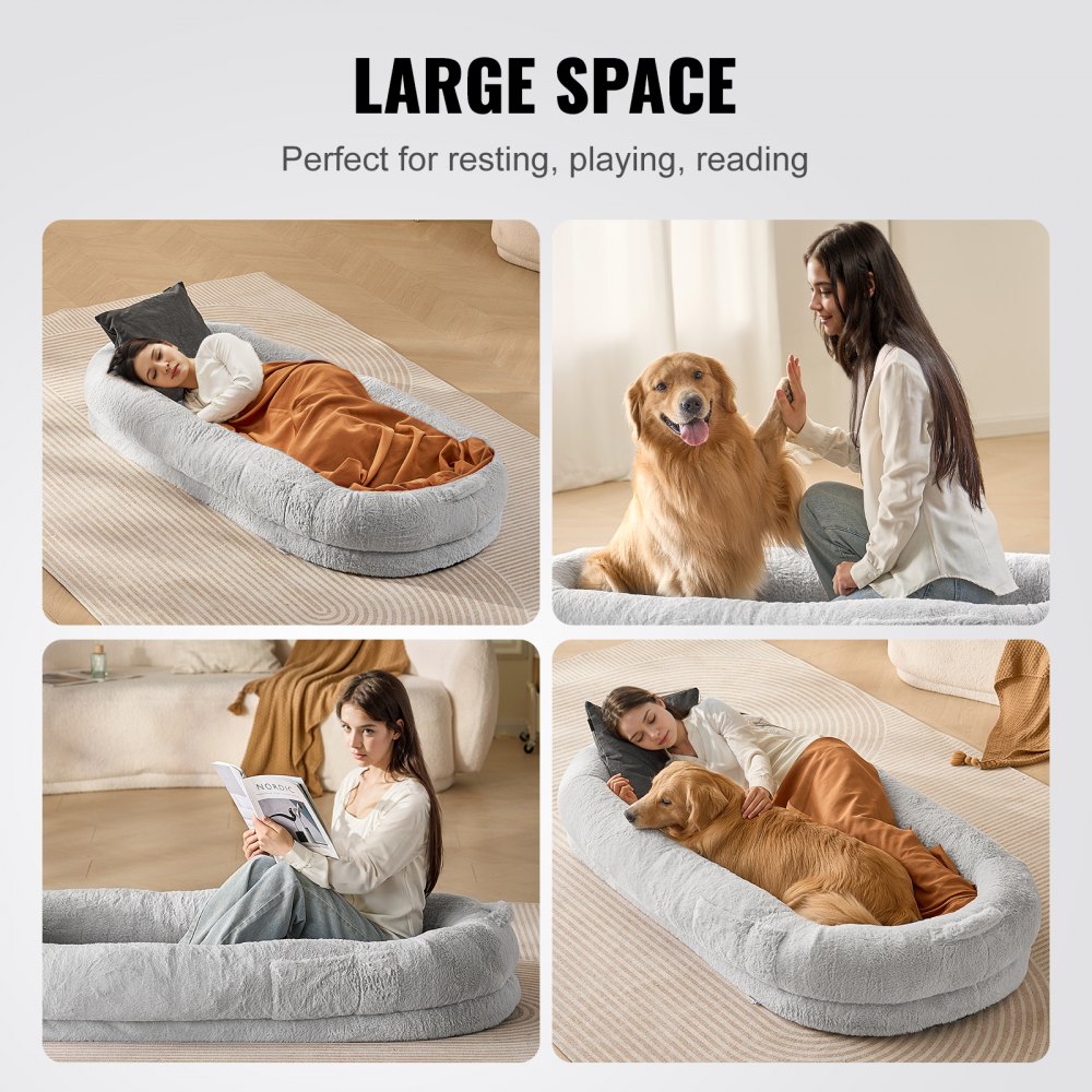 VEVOR Human Dog Bed, 67.7"x35"x9.8" Human Dog Bed for Adult, Human Size Dog Bed with Washable Faux Rabbit Fur Cover, Egg Orthopedic Foam, Storage Pocket, Large Dog Bean Bed, Light Grey