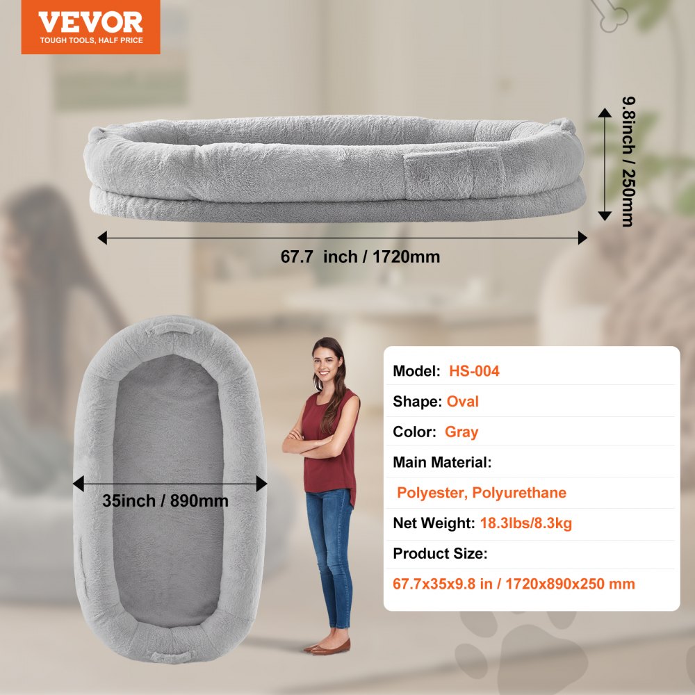 VEVOR Human Dog Bed, 67.7"x35"x9.8" Human Dog Bed for Adult, Human Size Dog Bed with Washable Faux Rabbit Fur Cover, Egg Orthopedic Foam, Storage Pocket, Large Dog Bean Bed, Light Grey