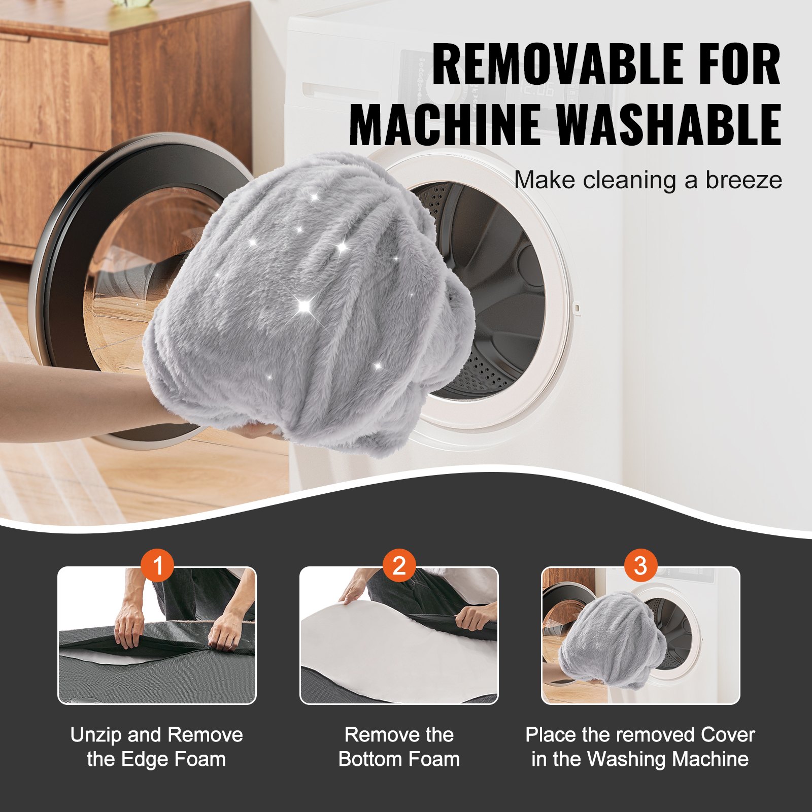 VEVOR Human Dog Bed, 1720x890x250 mm Human Dog Bed for Adult, Human Size Dog Bed with Washable Faux Rabbit Fur Cover, Egg Orthopedic Foam, Storage Pocket, Large Dog Bean Bed, Light Grey