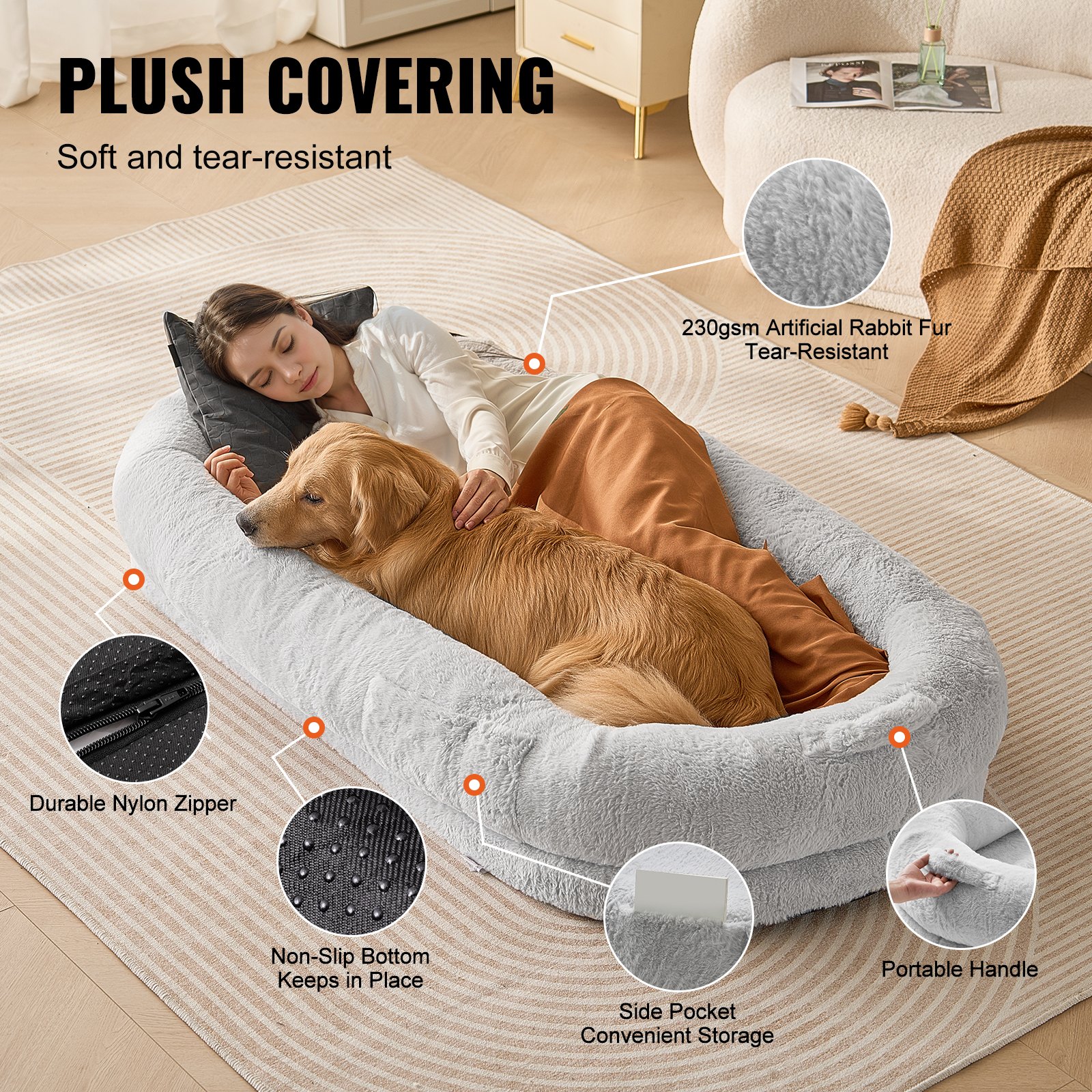 VEVOR Human Dog Bed, 67.7"x35"x9.8" Human Dog Bed for Adult, Human Size Dog Bed with Washable Faux Rabbit Fur Cover, Egg Orthopedic Foam, Storage Pocket, Large Dog Bean Bed, Light Grey
