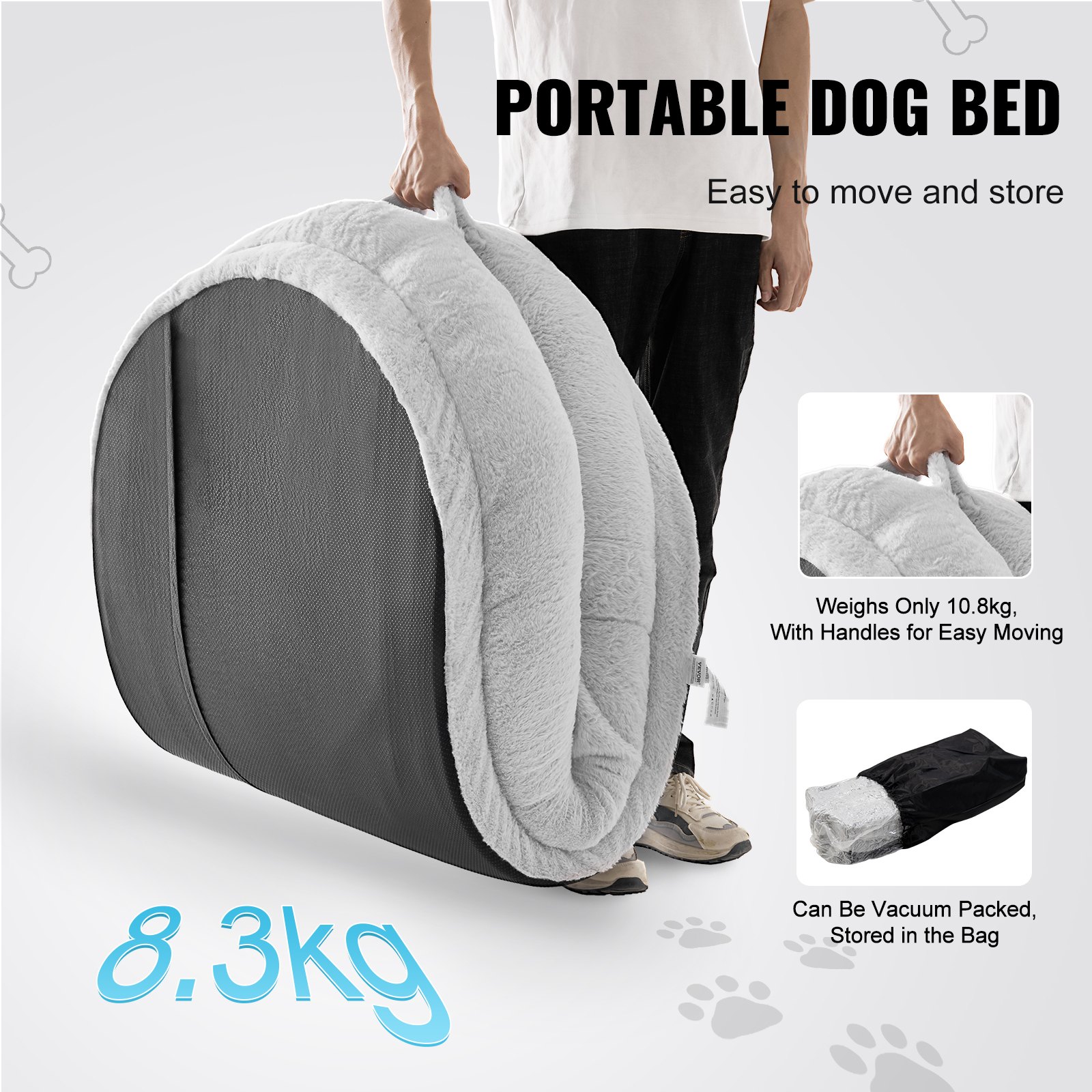 VEVOR Human Dog Bed, 67.7"x35"x9.8" Human Dog Bed for Adult, Human Size Dog Bed with Washable Faux Rabbit Fur Cover, Egg Orthopedic Foam, Storage Pocket, Large Dog Bean Bed, Light Grey