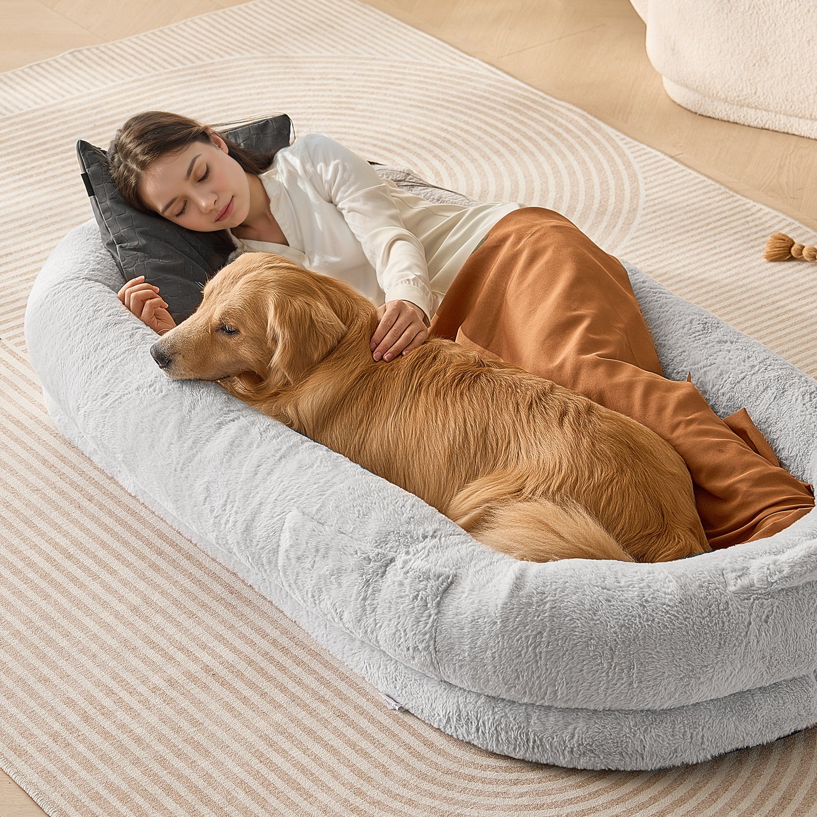 VEVOR Human Dog Bed, 67.7"x35"x9.8" Human Dog Bed for Adult, Human Size Dog Bed with Washable Faux Rabbit Fur Cover, Egg Orthopedic Foam, Storage Pocket, Large Dog Bean Bed, Light Grey