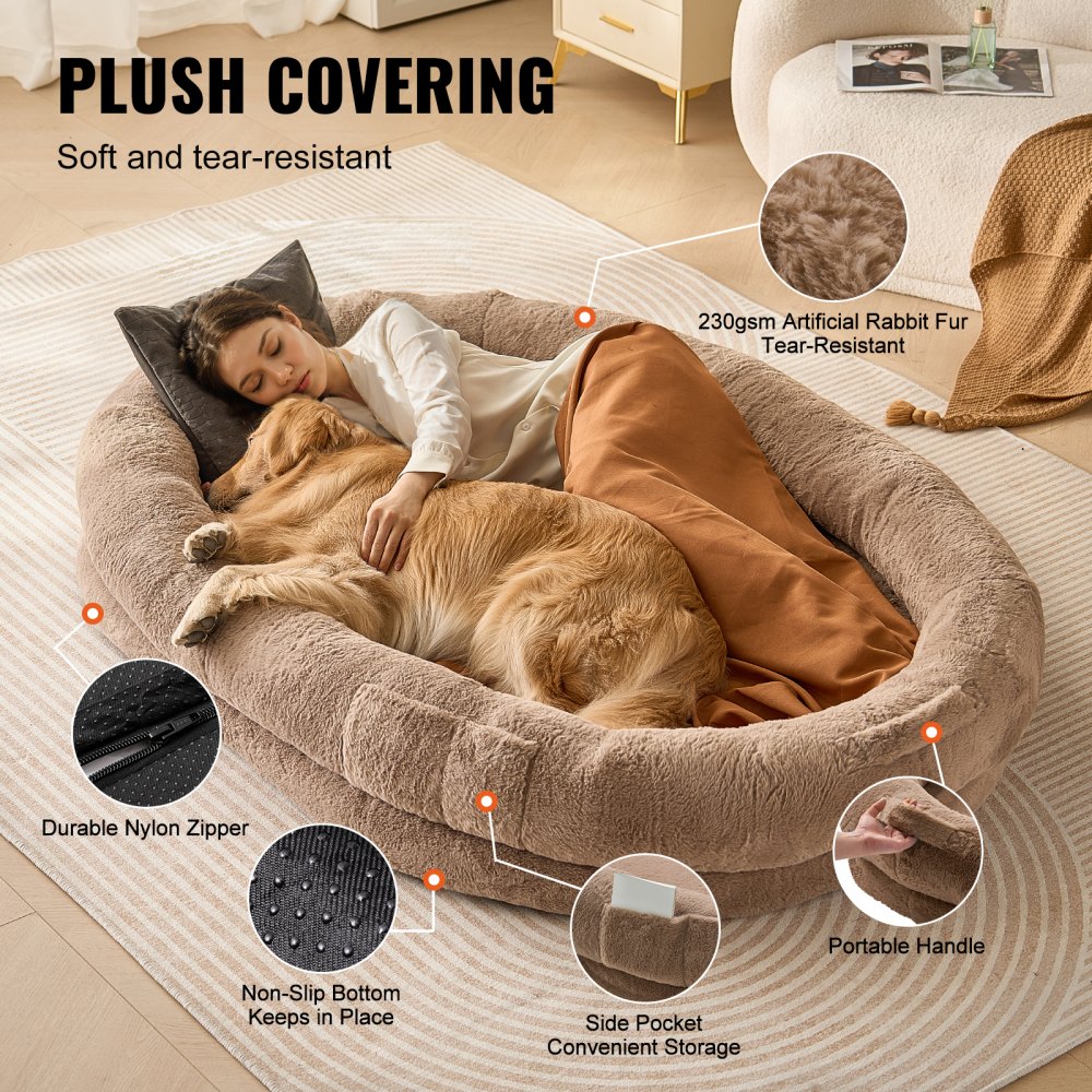 VEVOR Human Dog Bed, 1825 x 1220 x 254 mm Human Dog Bed for Adult, Human Size Dog Bed with Washable Faux Rabbit Fur Cover, Egg Orthopedic Foam, Storage Pocket, Large Dog Bean Bed, Brown