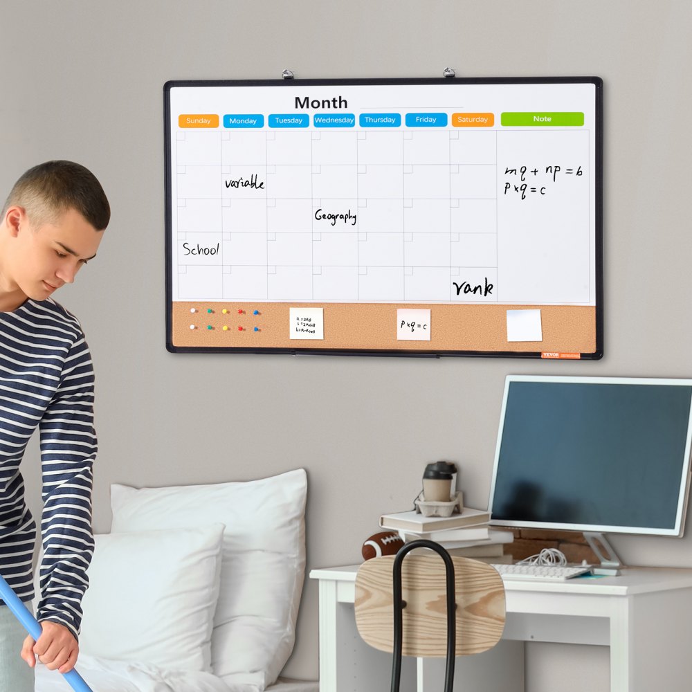 VEVOR 36"x 24" Monthly Calendar Whiteboard & Cork Board Combo with Aluminum Frame – 2-in-1 Magnetic Dry Erase Bulletin Board for Wall Mount – Ideal for School, Home, Office