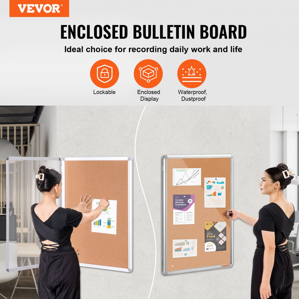 VEVOR 36"x24" Enclosed Cork Board with Aluminum Frame –  Lockable Bulletin Board with Acrylic Door & 2 Keys – Weather-Resistant Wall Display Case for School, Home, Office