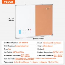 VEVOR 48"x 36" Whiteboard & Cork Board Combo with Aluminum Frame Bulletin Board for School Home