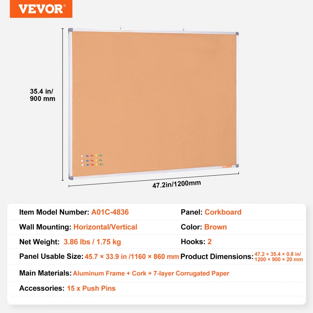 Tablero de corcho grande VEVOR de 122 x 91 cm: tablón de anuncios de pared con tablero para anuncios, perfecto para la escuela, el hogar y la oficina.