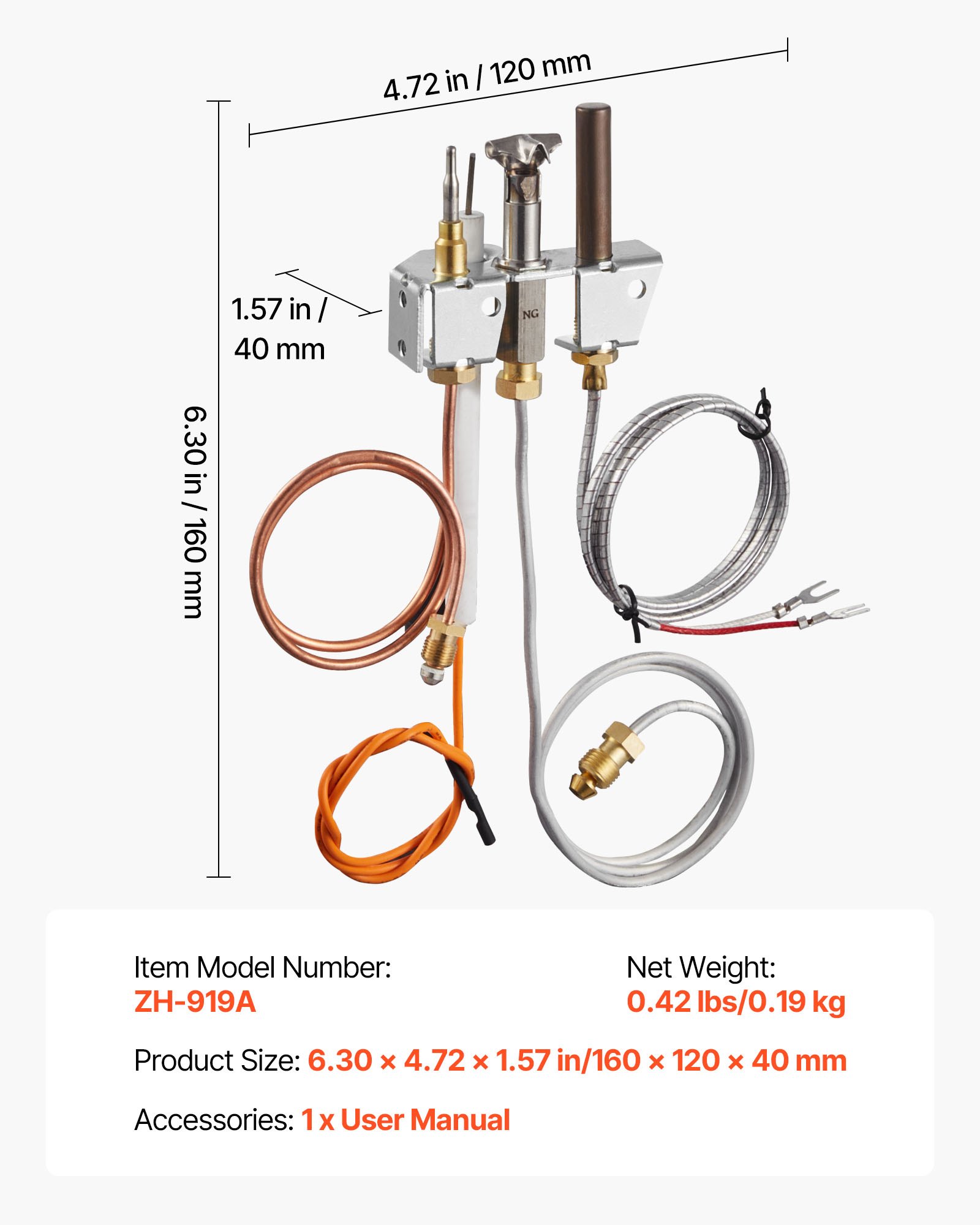VEVOR Gas Pilot Assembly, OE 4021-732, 25660 Fireplace Gas Pilot Assembly, Natural Gas Ignition Replacement with Pilot Tube, Thermocouple, Thermopile, Wires, Compatible with Heatilator Models