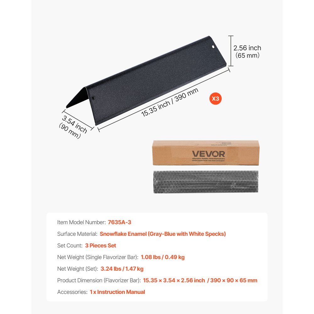 VEVOR Flavorizer Bars, 39cm Grill Replacement Part, for Weber Spirit I & II 200 Series Grills, Including Spirit ll E-210, ll E-220, ll S-210, E-210, S-210, Porcelain-enameled Steel Heat Plate, 3 Pack