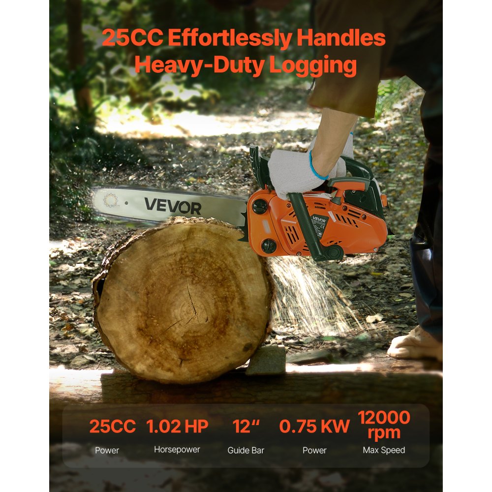 VEVOR 25 cc Gas Chainsaw, 305 mm Gas Powered Chainsaw, 0.75 kW Power Chain Saw with Non-Slip Handle, Gas-Powered Chainsaws with Dual Fuel Tanks, For Wood Cutting, Tree Trimming, and Land Clearing
