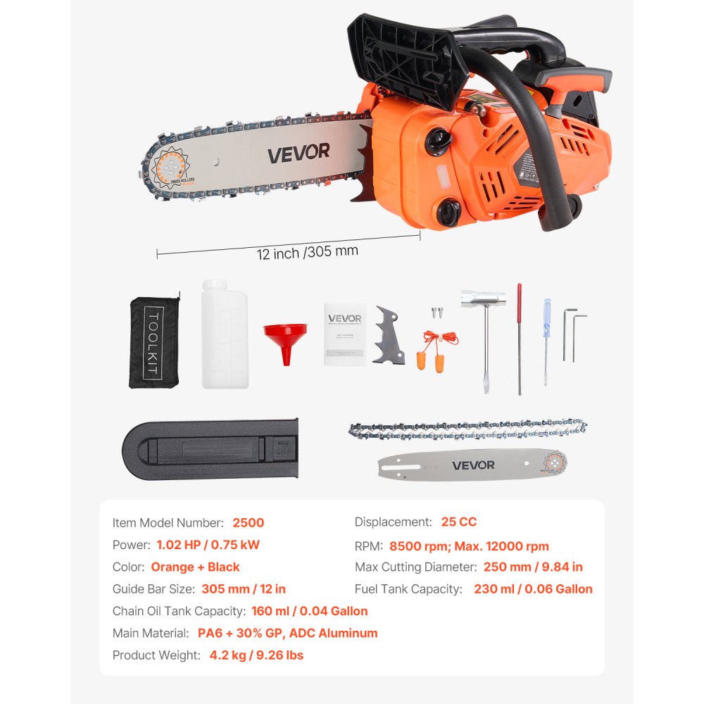 VEVOR 25 cc Gas Chainsaw, 305 mm Gas Powered Chainsaw, 0.75 kW Power Chain Saw with Non-Slip Handle, Gas-Powered Chainsaws with Dual Fuel Tanks, For Wood Cutting, Tree Trimming, and Land Clearing