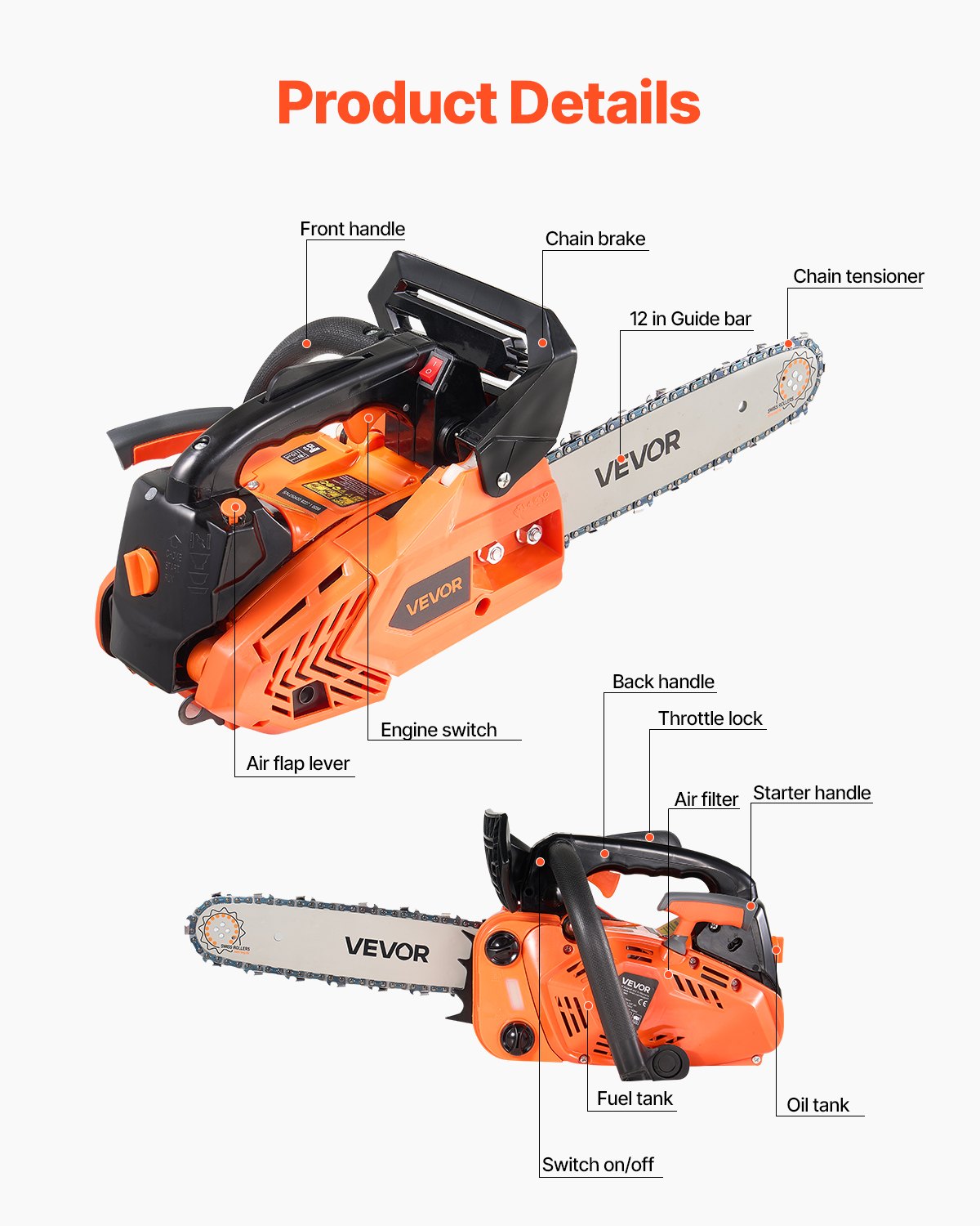 VEVOR 25 cc Gas Chainsaw, 305 mm Gas Powered Chainsaw, 0.75 kW Power Chain Saw with Non-Slip Handle, Gas-Powered Chainsaws with Dual Fuel Tanks, For Wood Cutting, Tree Trimming, and Land Clearing