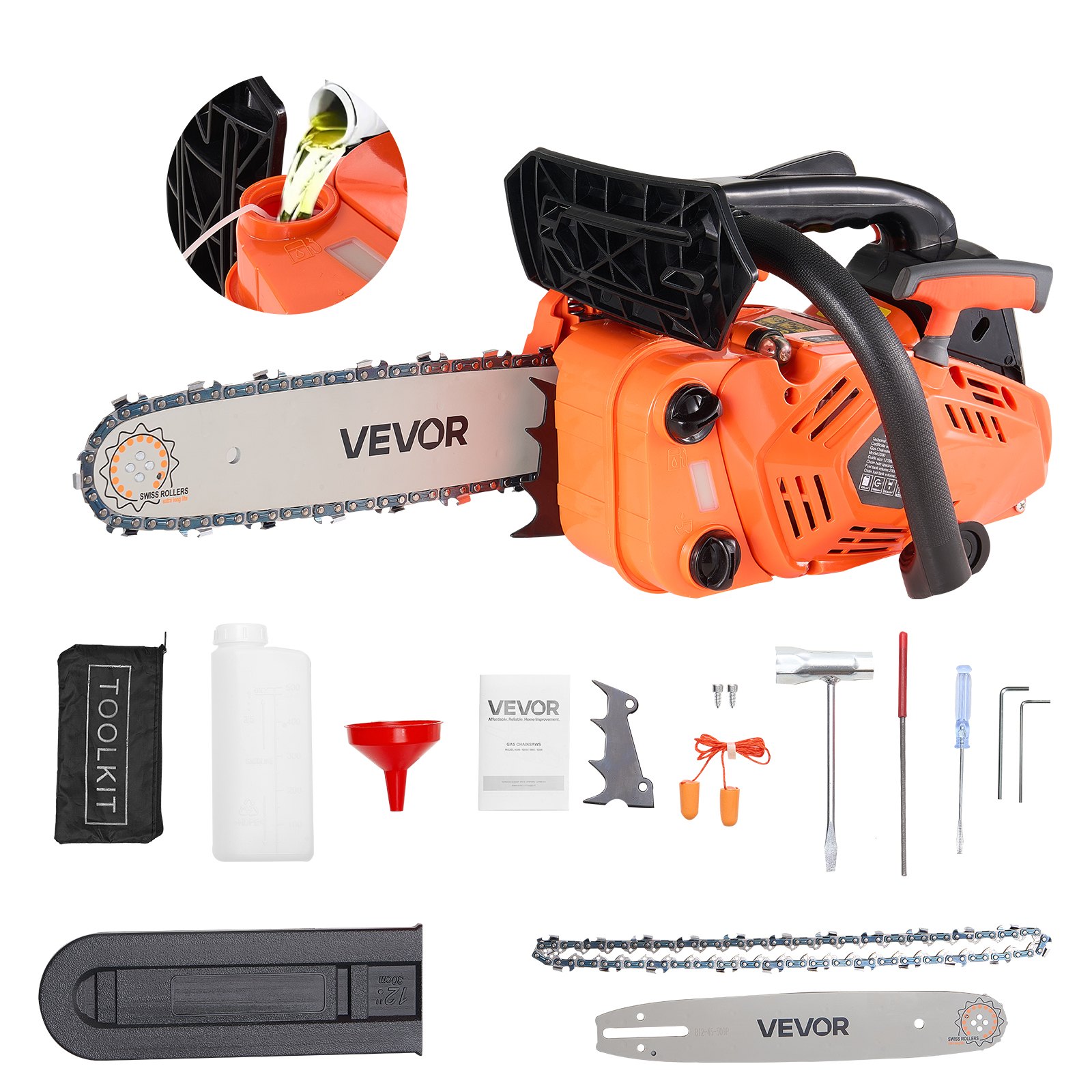 VEVOR 25 cc Gas Chainsaw, 305 mm Gas Powered Chainsaw, 0.75 kW Power Chain Saw with Non-Slip Handle, Gas-Powered Chainsaws with Dual Fuel Tanks, For Wood Cutting, Tree Trimming, and Land Clearing