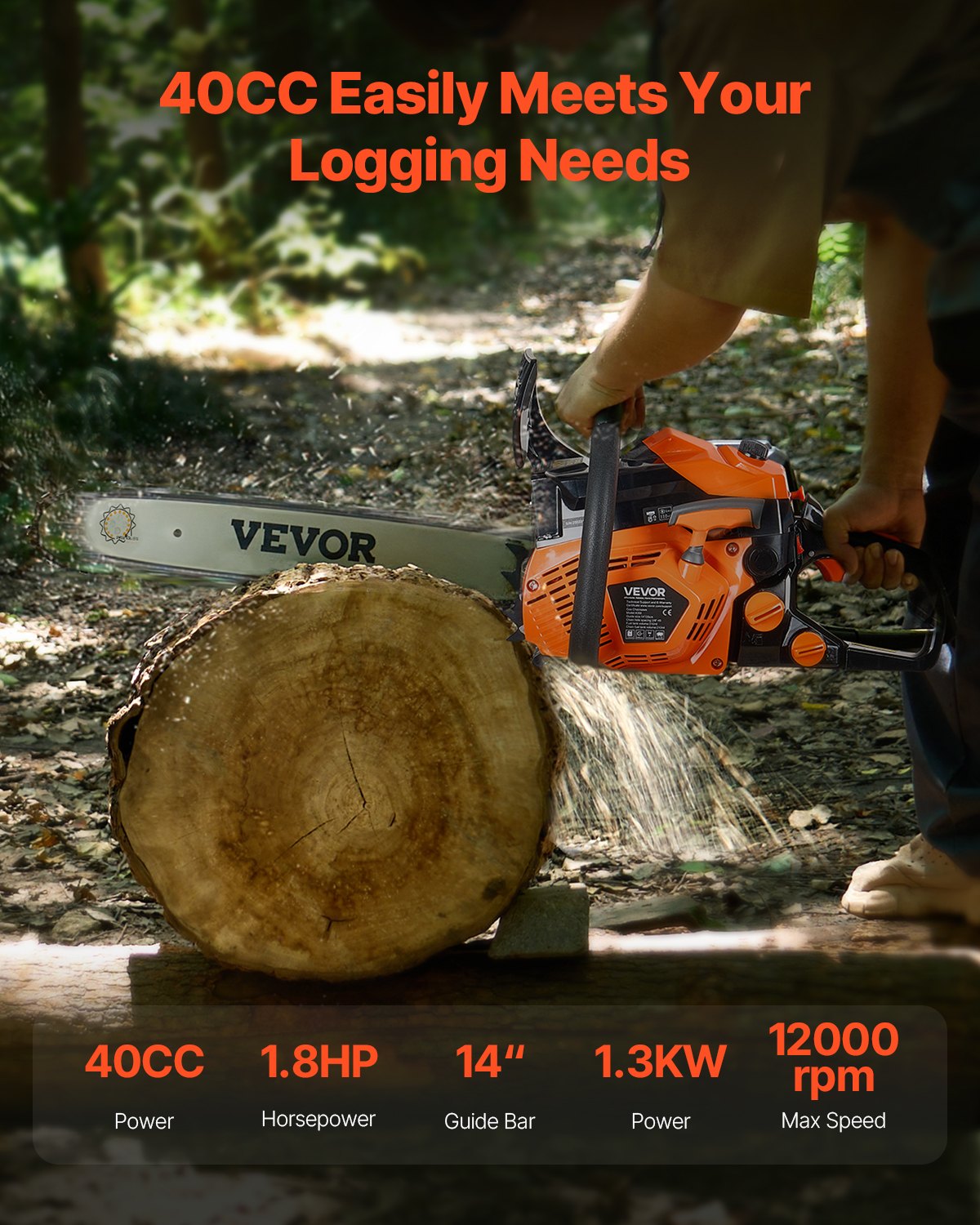 VEVOR 40 cc Gas Chainsaw, 14 inch Gas Powered Chainsaw, 1.8 HP Power Chain Saw with Non-Slip Handle, Gas-Powered Chainsaws with Dual Fuel Tanks, For Wood Cutting, Tree Trimming, and Land Clearing