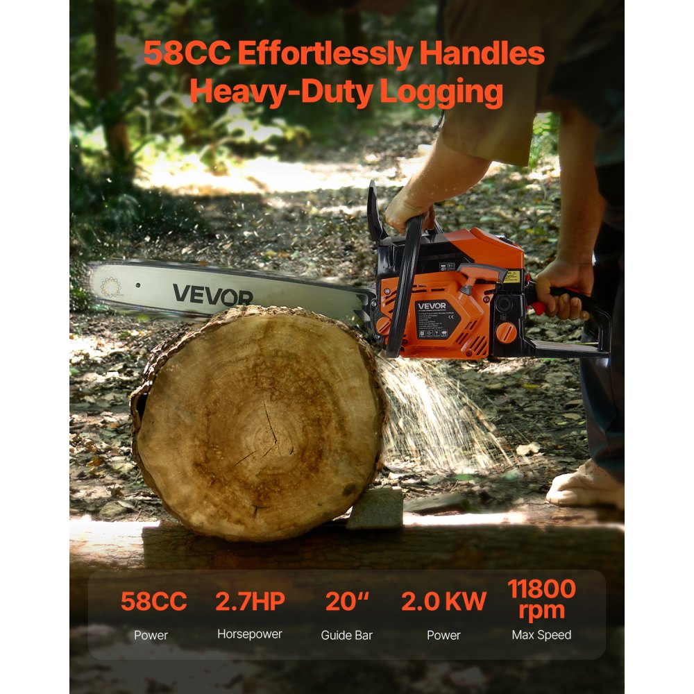 VEVOR 58 cc Gas Chainsaw, 20 inch Gas Powered Chainsaw, 2.7 HP Power Chain Saw with Non-Slip Handle, Gas-Powered Chainsaws with Dual Fuel Tanks, For Wood Cutting, Tree Trimming, and Land Clearing