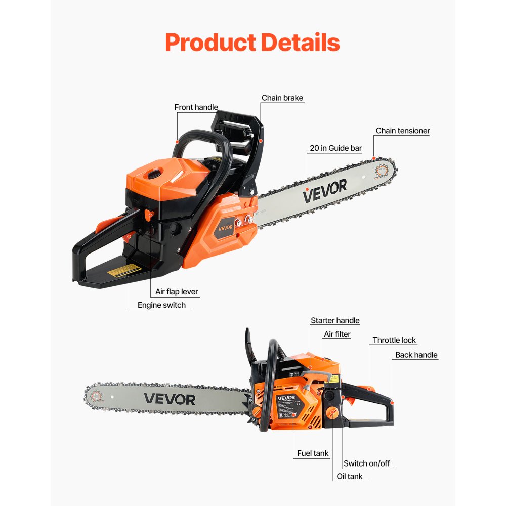 VEVOR 58 cc Gas Chainsaw, 20 inch Gas Powered Chainsaw, 2.7 HP Power Chain Saw with Non-Slip Handle, Gas-Powered Chainsaws with Dual Fuel Tanks, For Wood Cutting, Tree Trimming, and Land Clearing