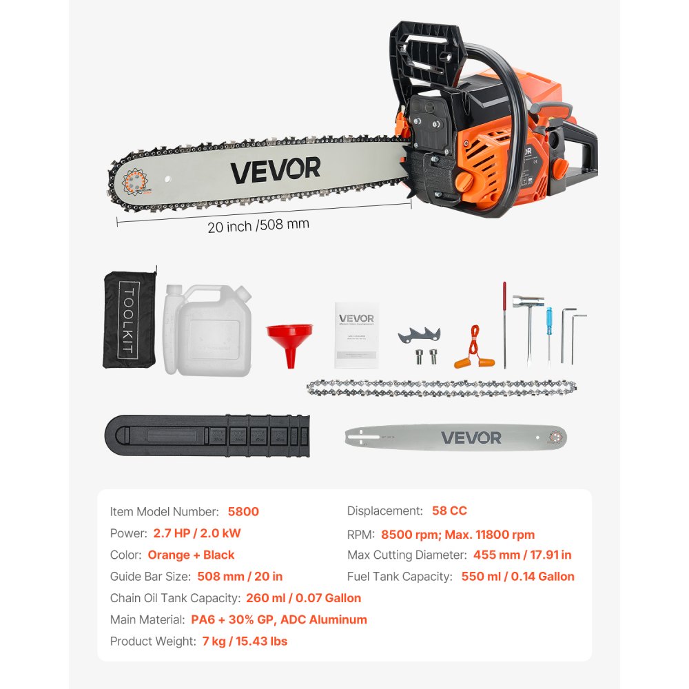 VEVOR 58 cc Gas Chainsaw, 20 inch Gas Powered Chainsaw, 2.7 HP Power Chain Saw with Non-Slip Handle, Gas-Powered Chainsaws with Dual Fuel Tanks, For Wood Cutting, Tree Trimming, and Land Clearing
