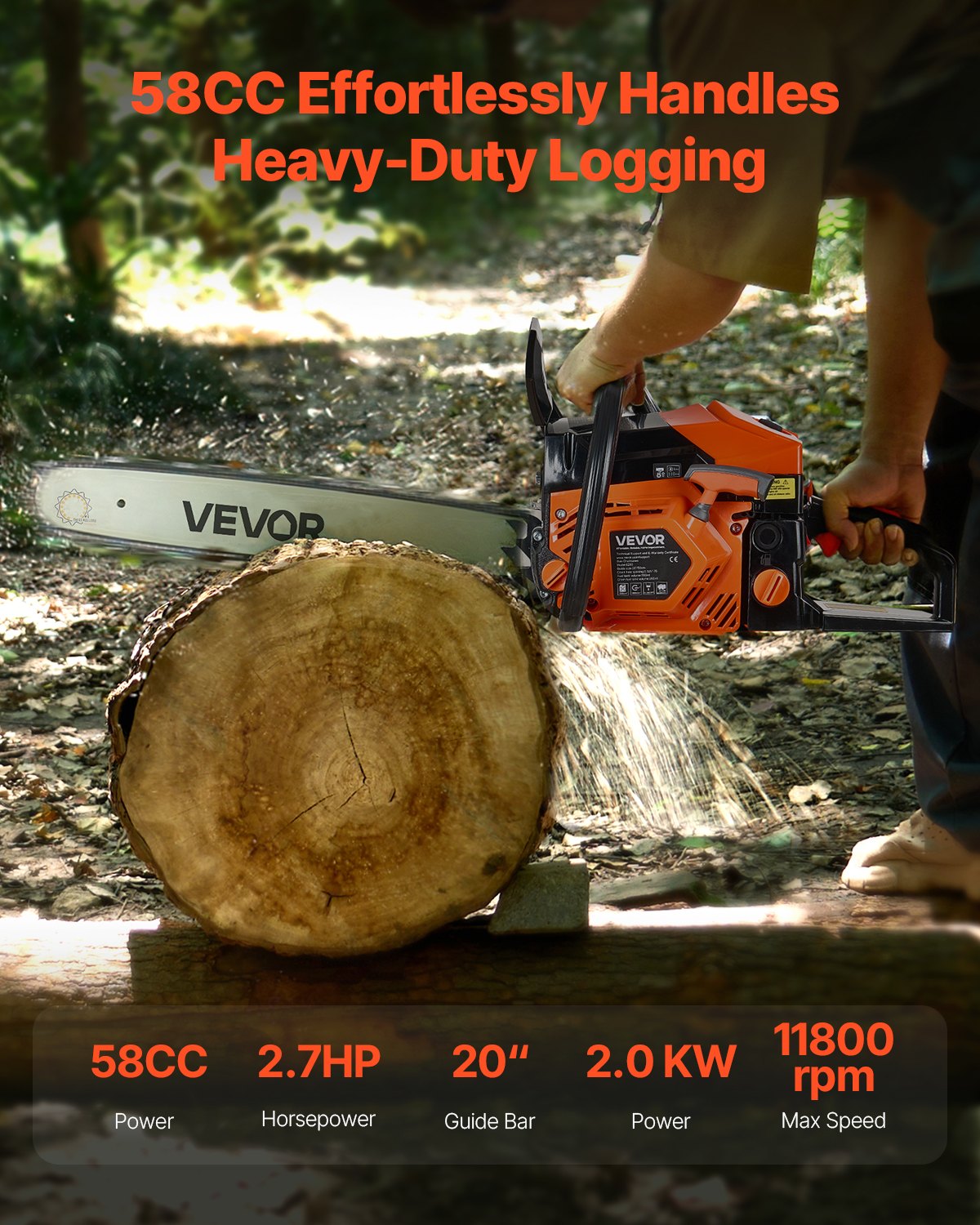 VEVOR 58 cc Gas Chainsaw, 20 inch Gas Powered Chainsaw, 2.7 HP Power Chain Saw with Non-Slip Handle, Gas-Powered Chainsaws with Dual Fuel Tanks, For Wood Cutting, Tree Trimming, and Land Clearing