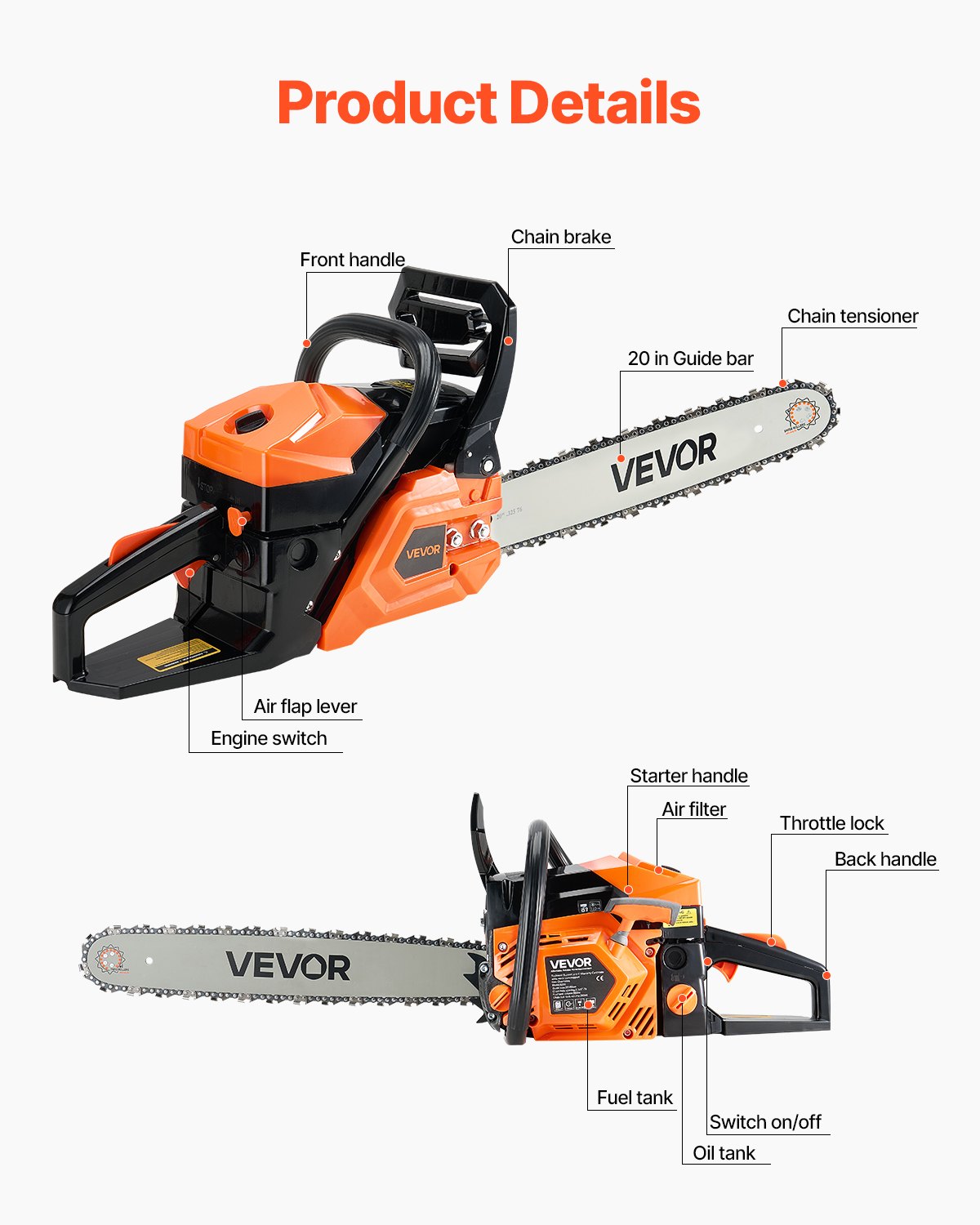 VEVOR 58 cc Gas Chainsaw, 20 inch Gas Powered Chainsaw, 2.7 HP Power Chain Saw with Non-Slip Handle, Gas-Powered Chainsaws with Dual Fuel Tanks, For Wood Cutting, Tree Trimming, and Land Clearing