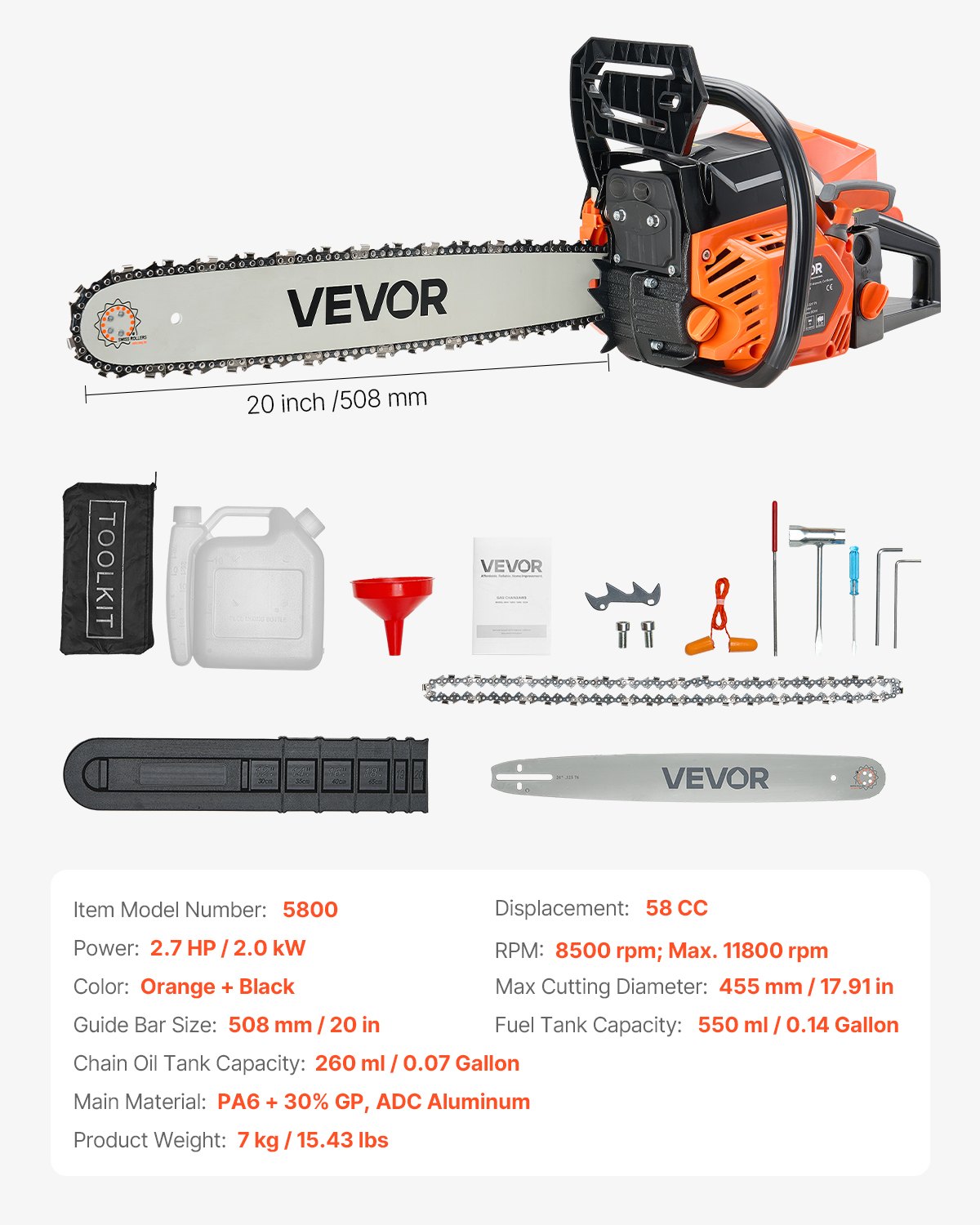 VEVOR 58 cc Gas Chainsaw, 20 inch Gas Powered Chainsaw, 2.7 HP Power Chain Saw with Non-Slip Handle, Gas-Powered Chainsaws with Dual Fuel Tanks, For Wood Cutting, Tree Trimming, and Land Clearing