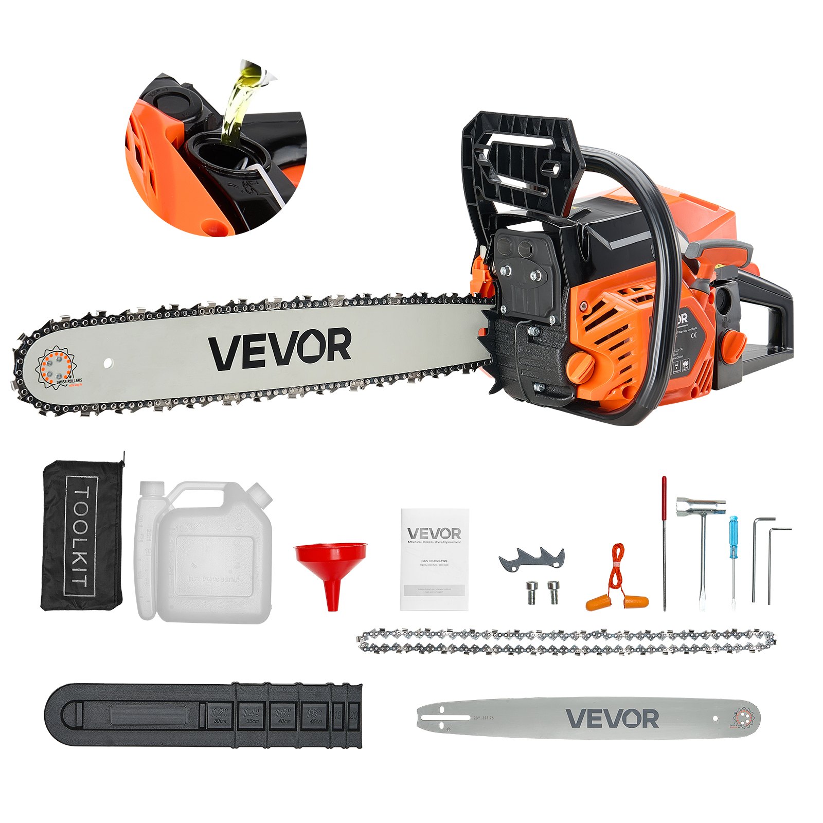 VEVOR 58 cc Gas Chainsaw, 20 inch Gas Powered Chainsaw, 2.7 HP Power Chain Saw with Non-Slip Handle, Gas-Powered Chainsaws with Dual Fuel Tanks, For Wood Cutting, Tree Trimming, and Land Clearing