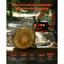62cc Gas Chainsaw 3.8 HP Gas Powered 20 inch Chainsaw For Wood Cutting