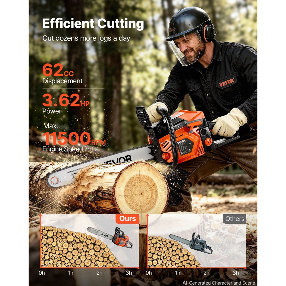 VEVOR Gas Powered Chainsaw 508 mm 62CC 2.7kW 2 Stroke Engine Gas Chainsaw, for Wood Cutting, Tree Trimming & Land Clearing, Throttle-Synced Choke, Power Chain Saw with Non-Slip Handle & Dual Tanks