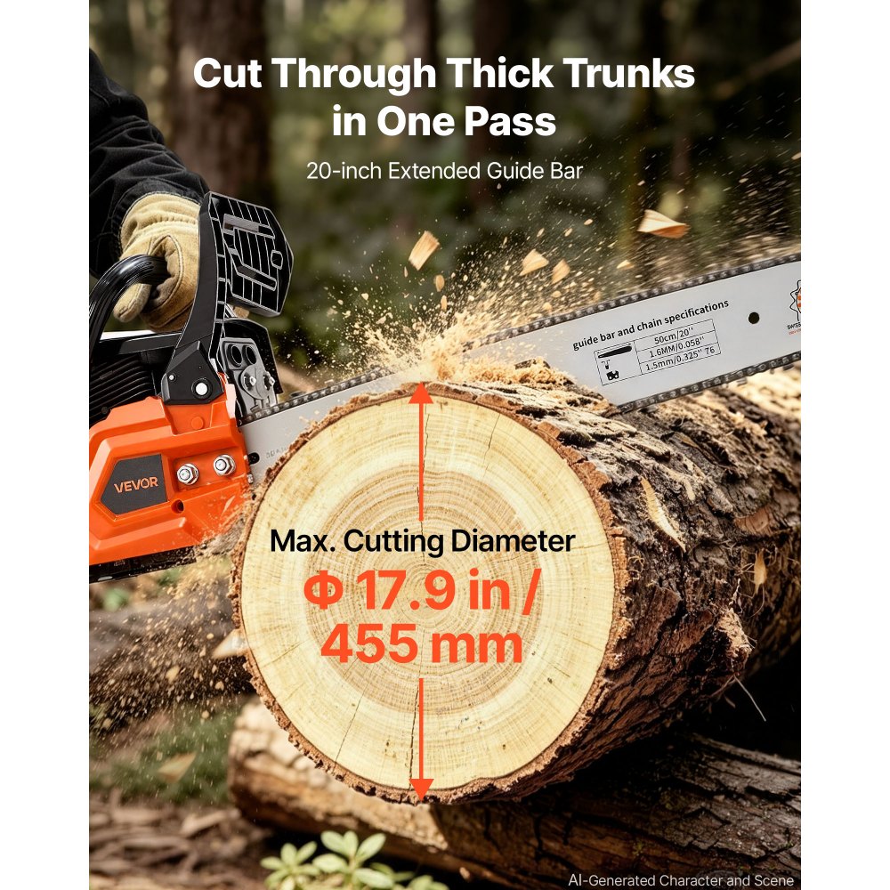 VEVOR Gas Powered Chainsaw 508 mm 62CC 2.7kW 2 Stroke Engine Gas Chainsaw, for Wood Cutting, Tree Trimming & Land Clearing, Throttle-Synced Choke, Power Chain Saw with Non-Slip Handle & Dual Tanks