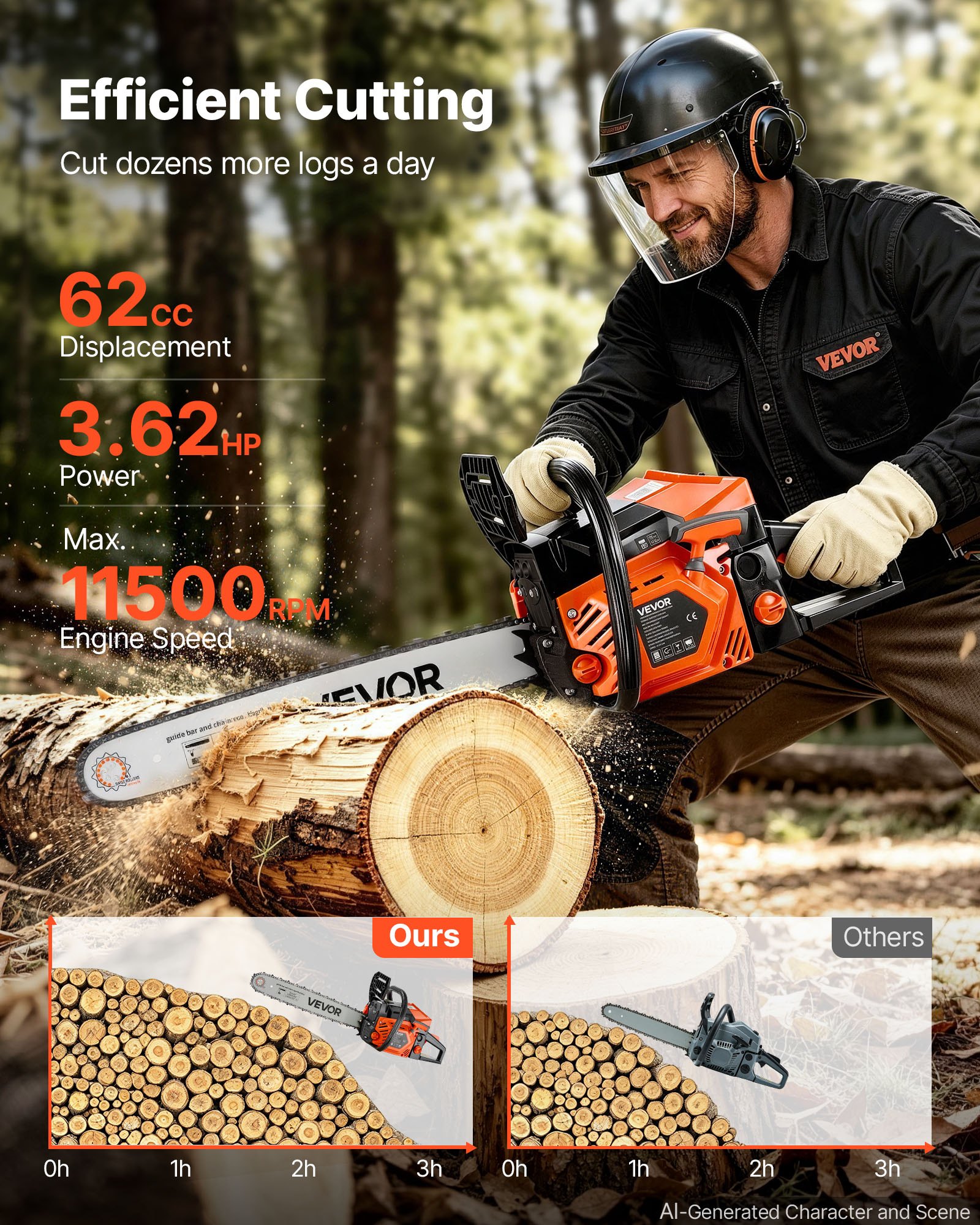 VEVOR Gas Powered Chainsaw 508 mm 62CC 2.7kW 2 Stroke Engine Gas Chainsaw, for Wood Cutting, Tree Trimming & Land Clearing, Throttle-Synced Choke, Power Chain Saw with Non-Slip Handle & Dual Tanks
