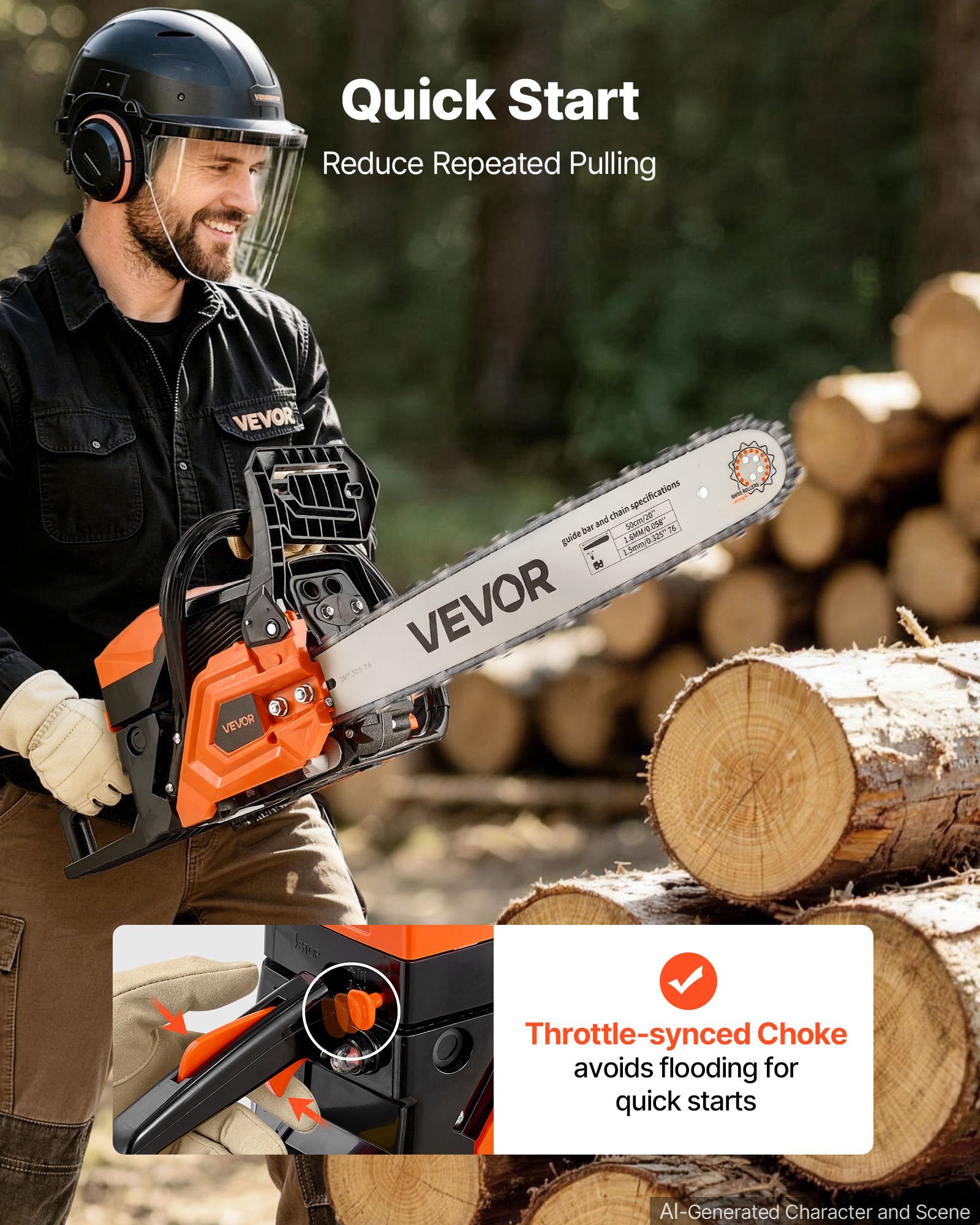 VEVOR Gas Powered Chainsaw 508 mm 62CC 2.7kW 2 Stroke Engine Gas Chainsaw, for Wood Cutting, Tree Trimming & Land Clearing, Throttle-Synced Choke, Power Chain Saw with Non-Slip Handle & Dual Tanks