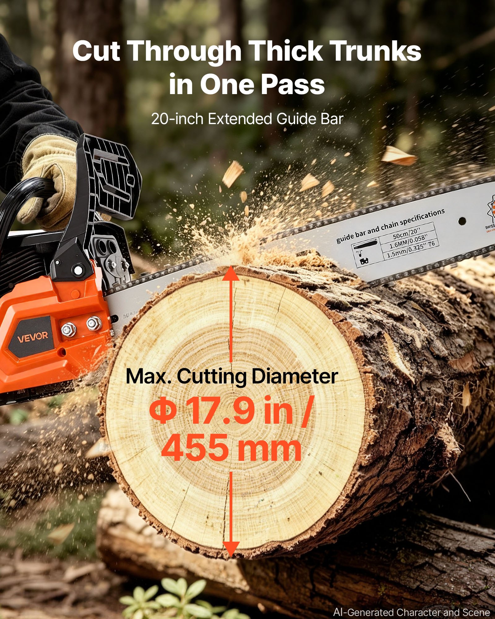 VEVOR Gas Powered Chainsaw 508 mm 62CC 2.7kW 2 Stroke Engine Gas Chainsaw, for Wood Cutting, Tree Trimming & Land Clearing, Throttle-Synced Choke, Power Chain Saw with Non-Slip Handle & Dual Tanks
