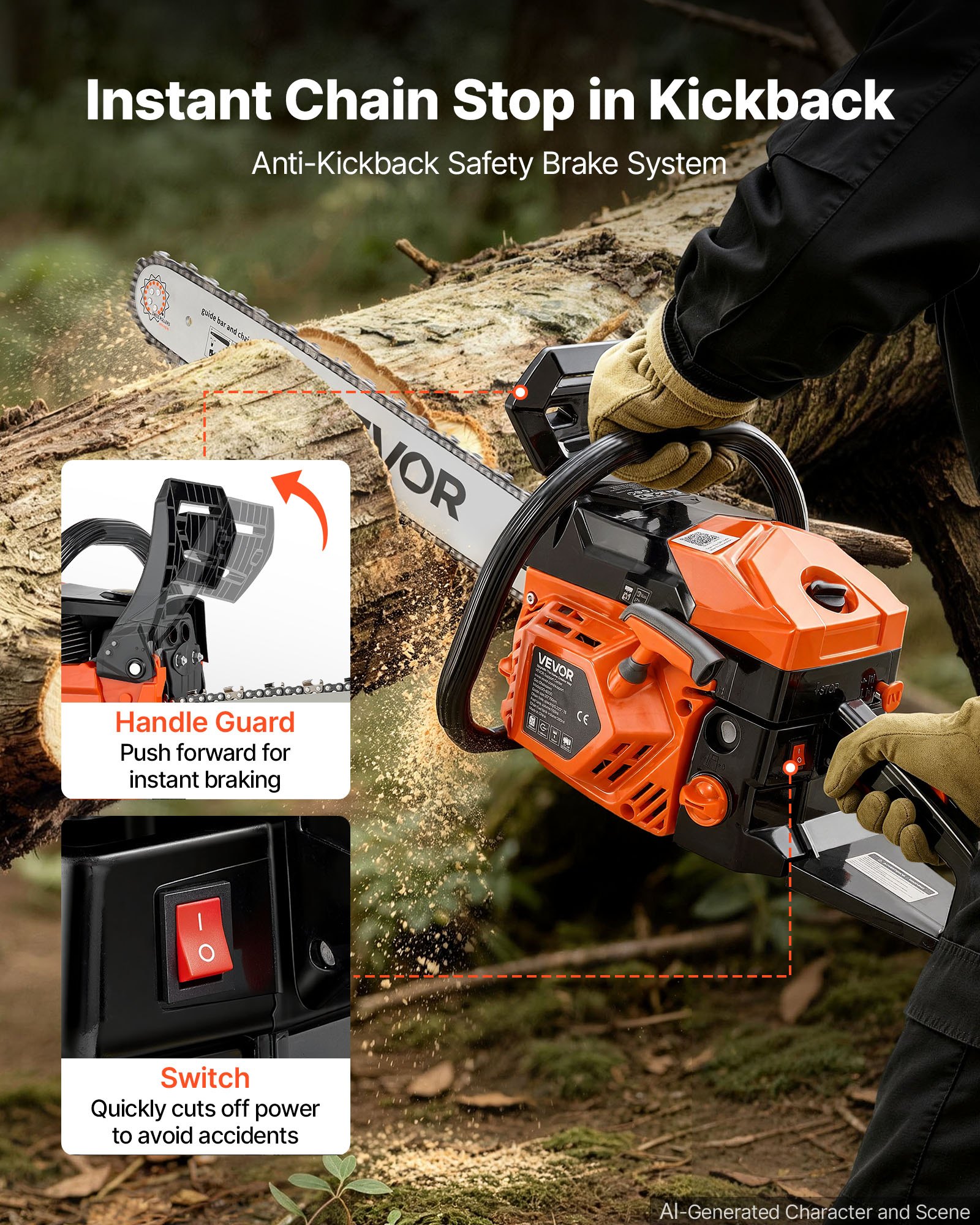 VEVOR Gas Powered Chainsaw 508 mm 62CC 2.7kW 2 Stroke Engine Gas Chainsaw, for Wood Cutting, Tree Trimming & Land Clearing, Throttle-Synced Choke, Power Chain Saw with Non-Slip Handle & Dual Tanks