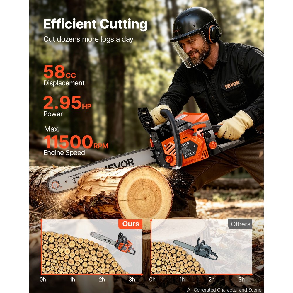 VEVOR Gas Powered Chainsaw 508 mm 58CC 2.2kW 2 Stroke Engine Gas Chainsaw, for Wood Cutting, Tree Trimming & Land Clearing, Throttle-Synced Choke, Power Chain Saw with Non-Slip Handle & Dual Tanks