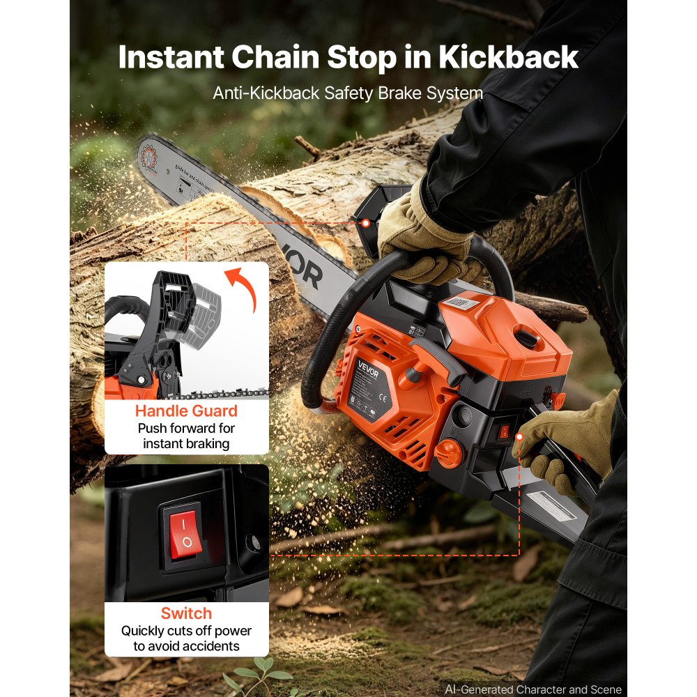 VEVOR Gas Powered Chainsaw 508 mm 58CC 2.2kW 2 Stroke Engine Gas Chainsaw, for Wood Cutting, Tree Trimming & Land Clearing, Throttle-Synced Choke, Power Chain Saw with Non-Slip Handle & Dual Tanks