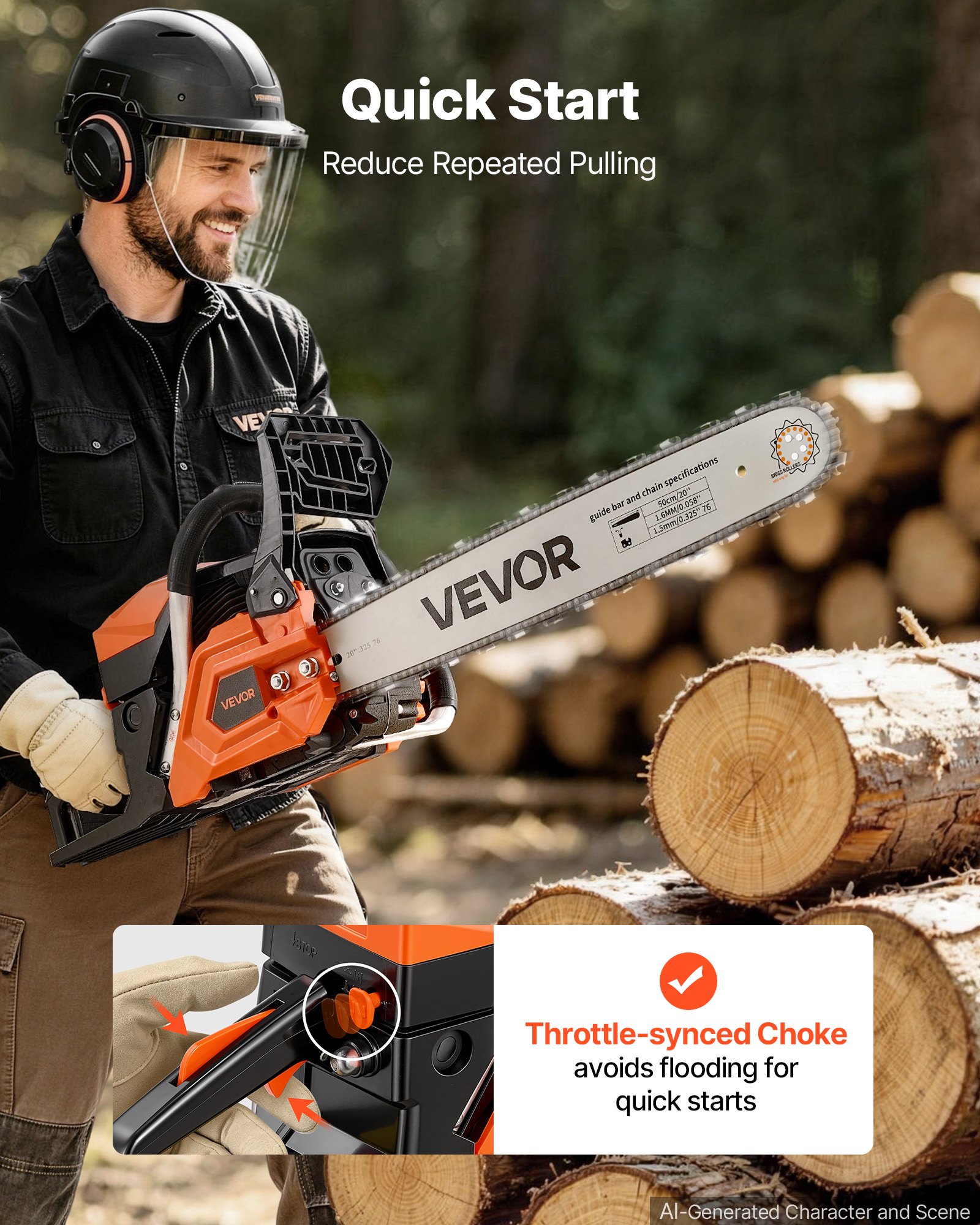 VEVOR Gas Powered Chainsaw 508 mm 58CC 2.2kW 2 Stroke Engine Gas Chainsaw, for Wood Cutting, Tree Trimming & Land Clearing, Throttle-Synced Choke, Power Chain Saw with Non-Slip Handle & Dual Tanks