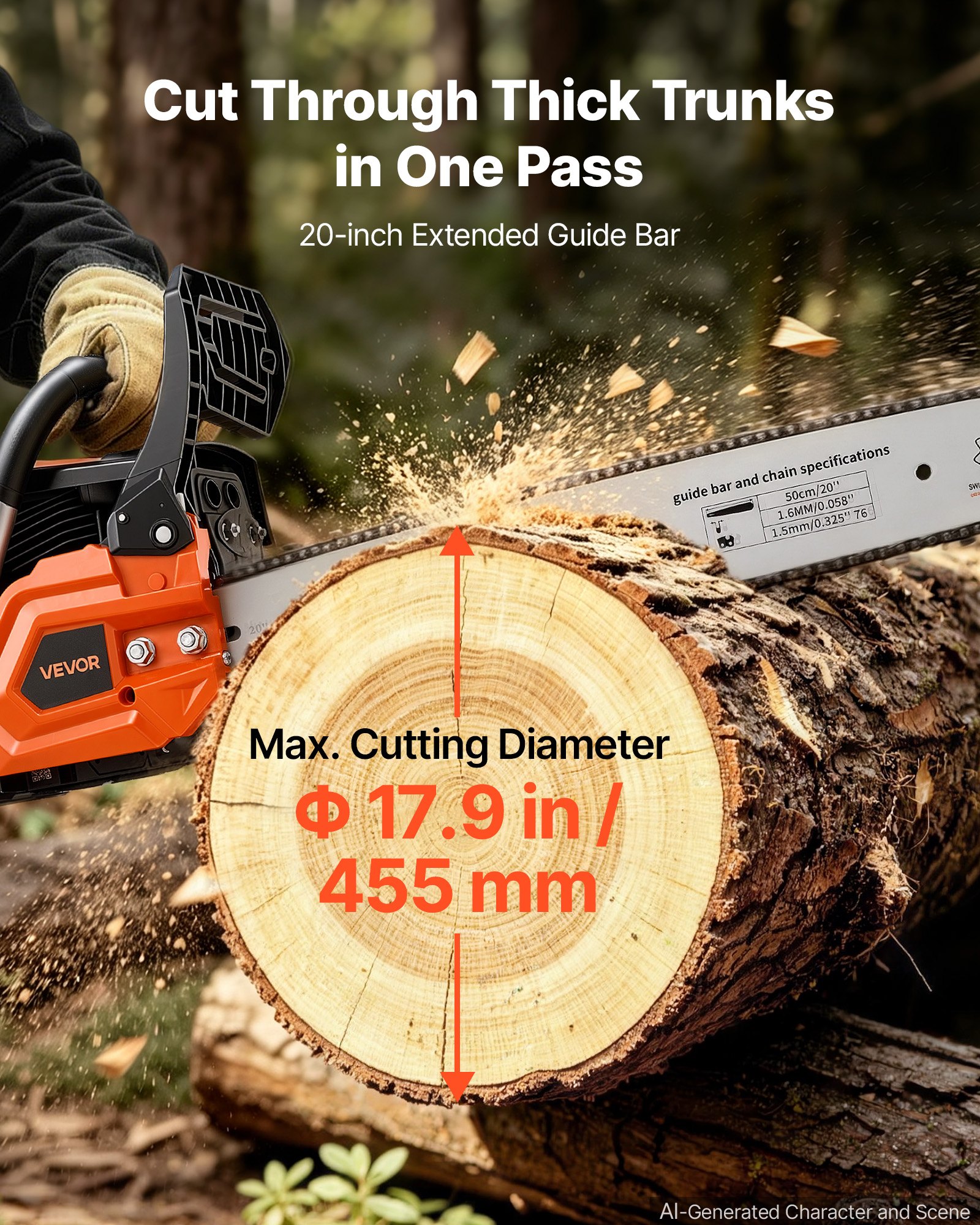 VEVOR Gas Powered Chainsaw 508 mm 58CC 2.2kW 2 Stroke Engine Gas Chainsaw, for Wood Cutting, Tree Trimming & Land Clearing, Throttle-Synced Choke, Power Chain Saw with Non-Slip Handle & Dual Tanks