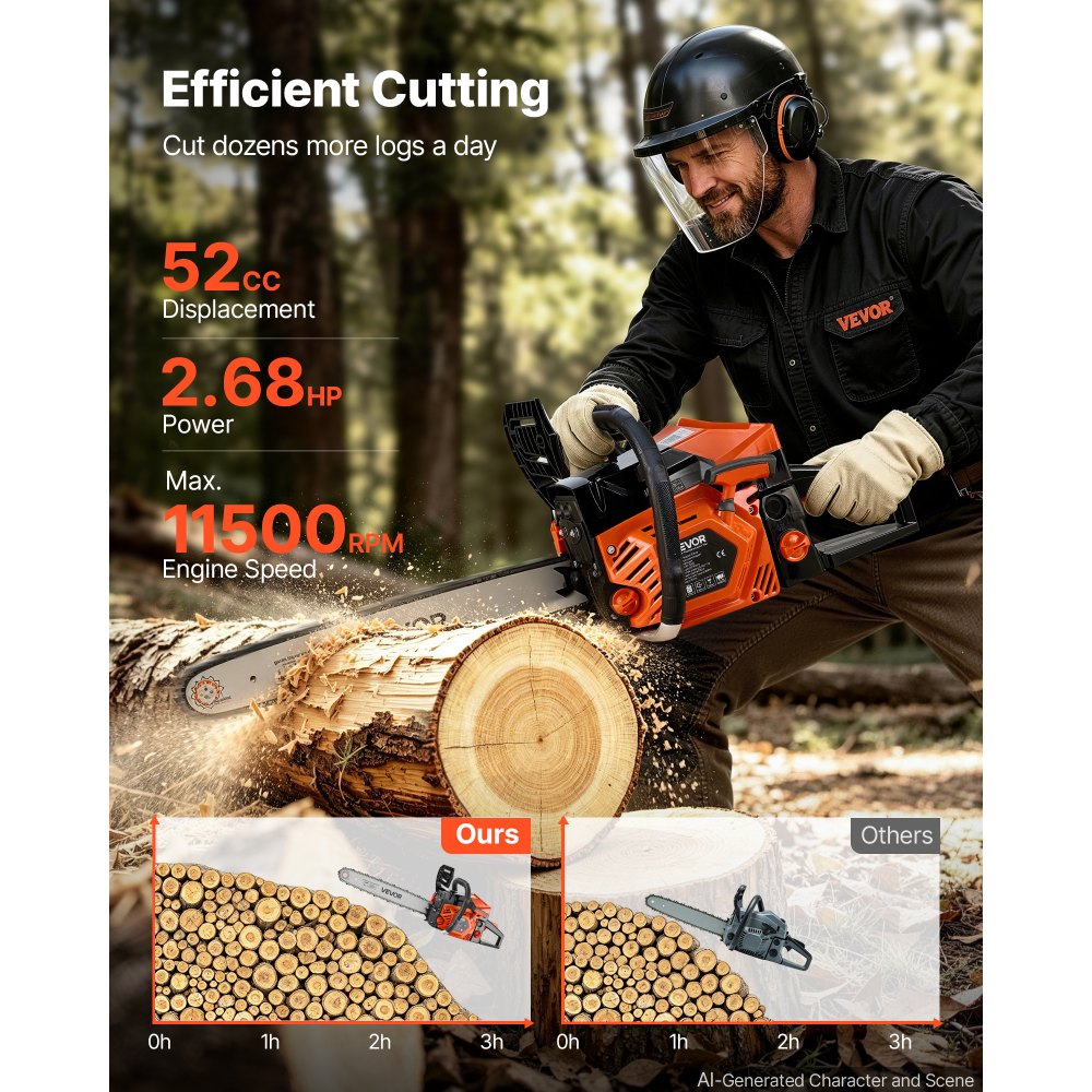 VEVOR Gas Powered Chainsaw 457.2 mm 52CC 2kW 2 Stroke Engine Gas Chainsaw, for Wood Cutting, Tree Trimming & Land Clearing, Throttle-Synced Choke, Power Chain Saw with Non-Slip Handle & Dual Tanks