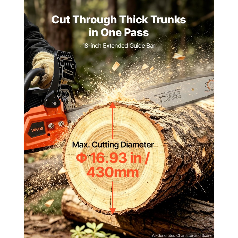 VEVOR Gas Powered Chainsaw 457.2 mm 52CC 2kW 2 Stroke Engine Gas Chainsaw, for Wood Cutting, Tree Trimming & Land Clearing, Throttle-Synced Choke, Power Chain Saw with Non-Slip Handle & Dual Tanks