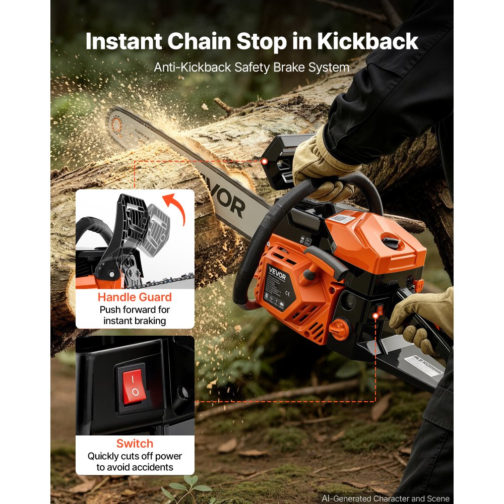 VEVOR Gas Powered Chainsaw 457.2 mm 52CC 2kW 2 Stroke Engine Gas Chainsaw, for Wood Cutting, Tree Trimming & Land Clearing, Throttle-Synced Choke, Power Chain Saw with Non-Slip Handle & Dual Tanks