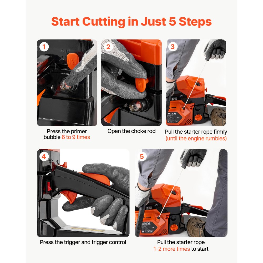VEVOR Gas Powered Chainsaw 457.2 mm 52CC 2kW 2 Stroke Engine Gas Chainsaw, for Wood Cutting, Tree Trimming & Land Clearing, Throttle-Synced Choke, Power Chain Saw with Non-Slip Handle & Dual Tanks