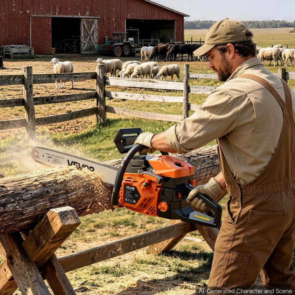 VEVOR Gas Powered Chainsaw 457.2 mm 52CC 2kW 2 Stroke Engine Gas Chainsaw, for Wood Cutting, Tree Trimming & Land Clearing, Throttle-Synced Choke, Power Chain Saw with Non-Slip Handle & Dual Tanks