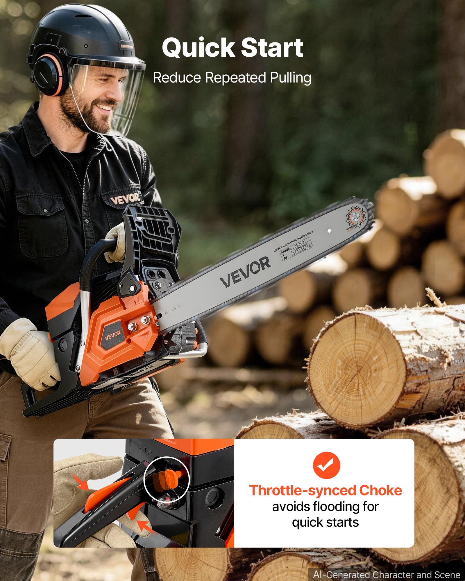 VEVOR Gas Powered Chainsaw 457.2 mm 52CC 2kW 2 Stroke Engine Gas Chainsaw, for Wood Cutting, Tree Trimming & Land Clearing, Throttle-Synced Choke, Power Chain Saw with Non-Slip Handle & Dual Tanks