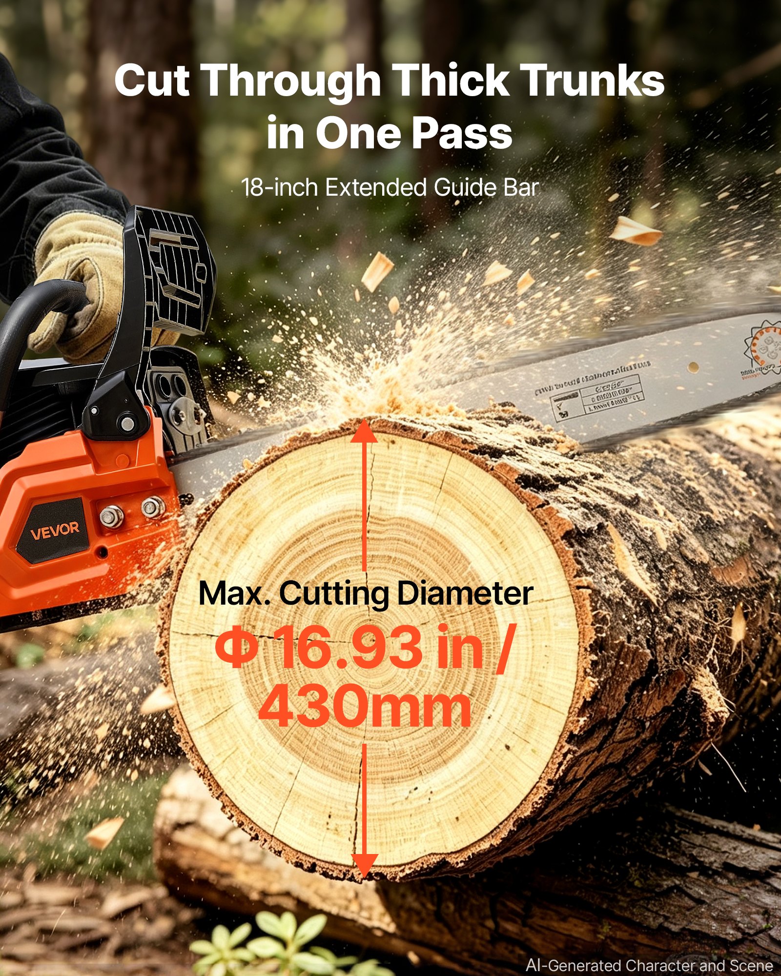 VEVOR Gas Powered Chainsaw 457.2 mm 52CC 2kW 2 Stroke Engine Gas Chainsaw, for Wood Cutting, Tree Trimming & Land Clearing, Throttle-Synced Choke, Power Chain Saw with Non-Slip Handle & Dual Tanks