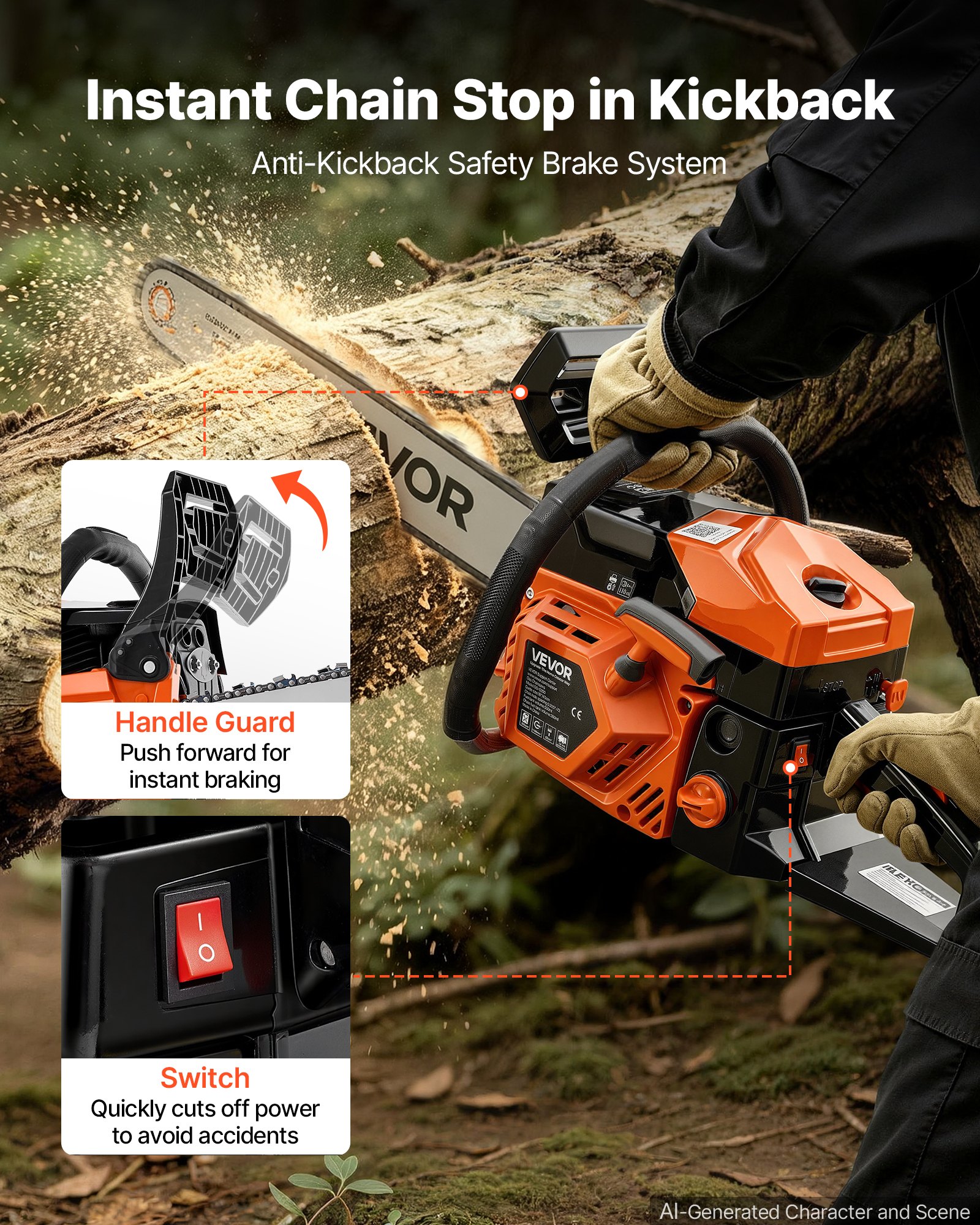 VEVOR Gas Powered Chainsaw 457.2 mm 52CC 2kW 2 Stroke Engine Gas Chainsaw, for Wood Cutting, Tree Trimming & Land Clearing, Throttle-Synced Choke, Power Chain Saw with Non-Slip Handle & Dual Tanks