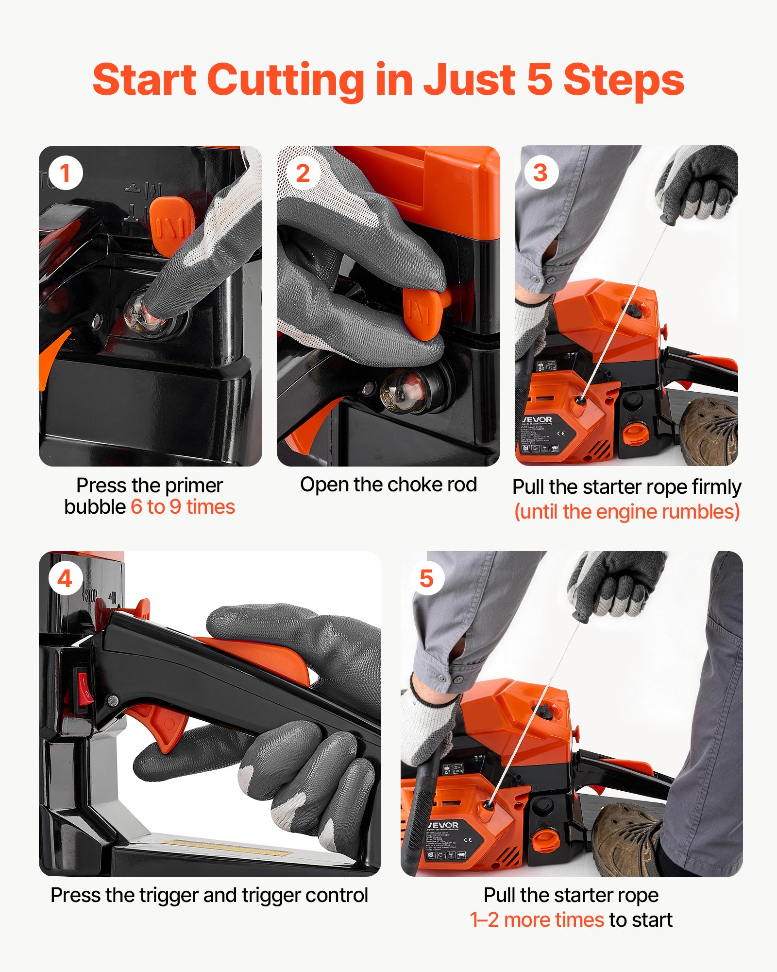 VEVOR Gas Powered Chainsaw 457.2 mm 52CC 2kW 2 Stroke Engine Gas Chainsaw, for Wood Cutting, Tree Trimming & Land Clearing, Throttle-Synced Choke, Power Chain Saw with Non-Slip Handle & Dual Tanks