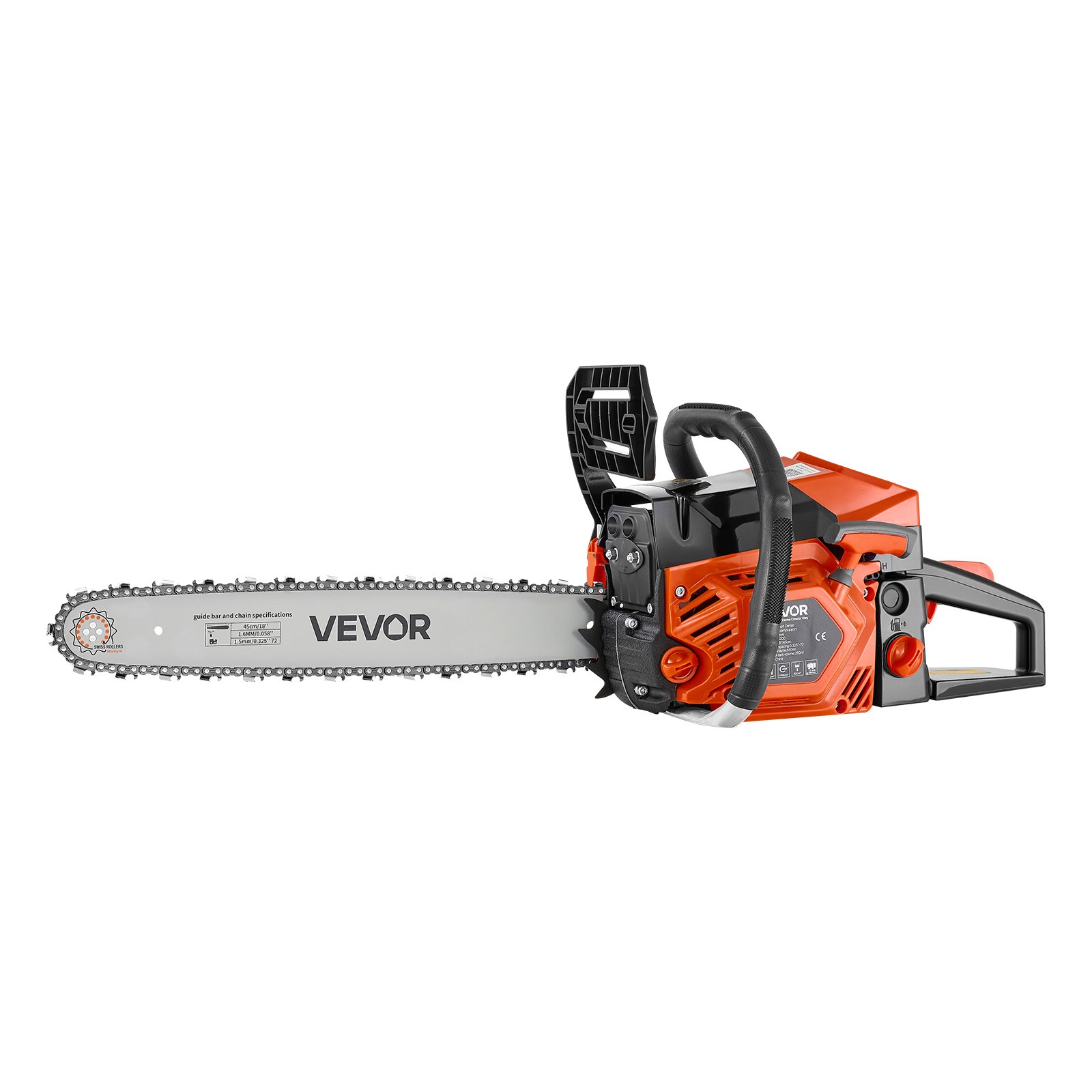 VEVOR Gas Powered Chainsaw 457.2 mm 52CC 2kW 2 Stroke Engine Gas Chainsaw, for Wood Cutting, Tree Trimming & Land Clearing, Throttle-Synced Choke, Power Chain Saw with Non-Slip Handle & Dual Tanks
