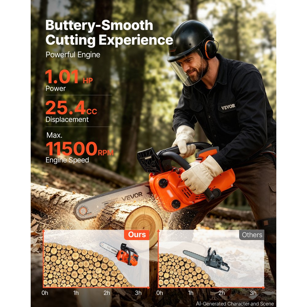 VEVOR Gas Powered Chainsaw 304.8 mm 25.4CC 0.75kW 2 Stroke Engine Chainsaw, for Wood Cutting, Tree Trimming & Land Clearing, Throttle-Synced Choke, Power Chain Saw with Non-Slip Handle & Dual Tanks